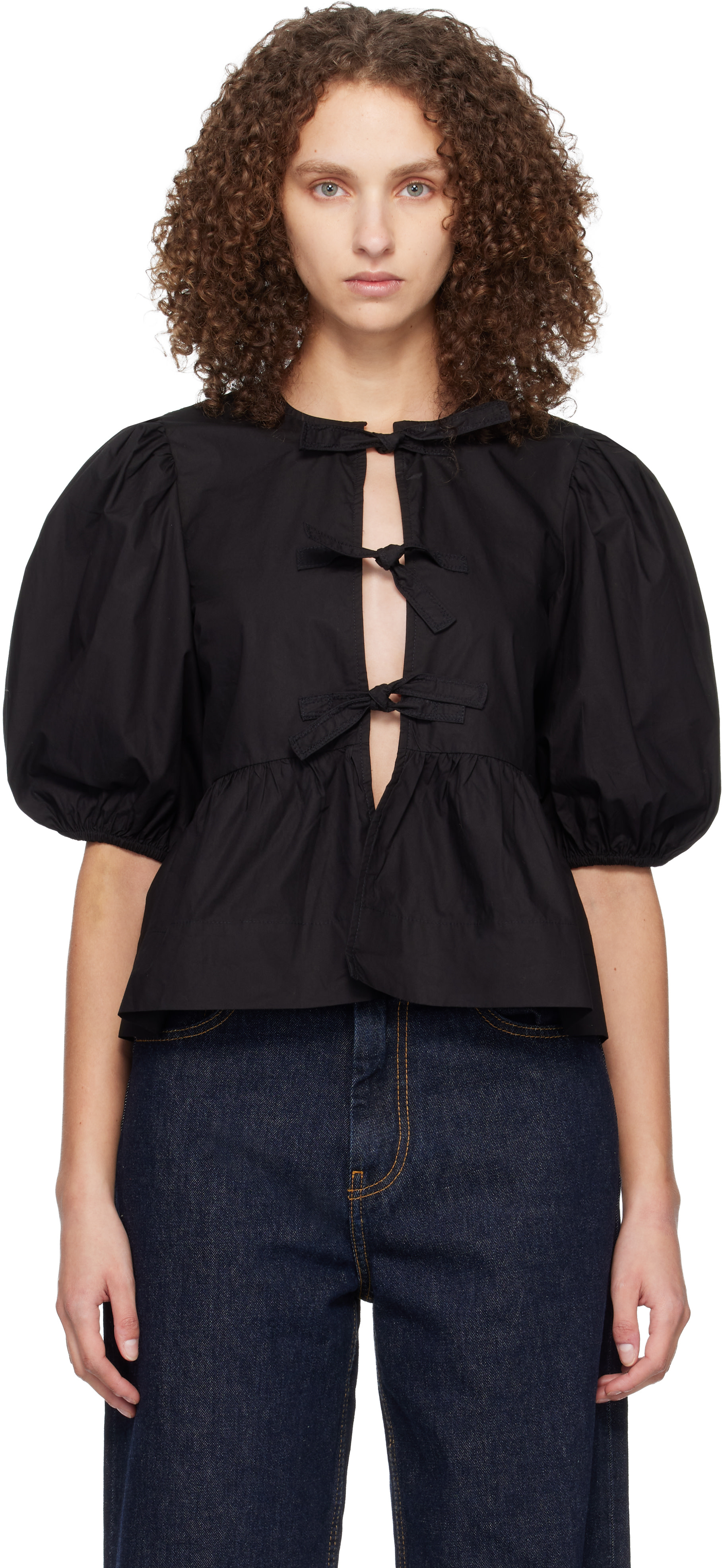 GANNI: Black Cotton Poplin Peplum Tie Blouse | SSENSE