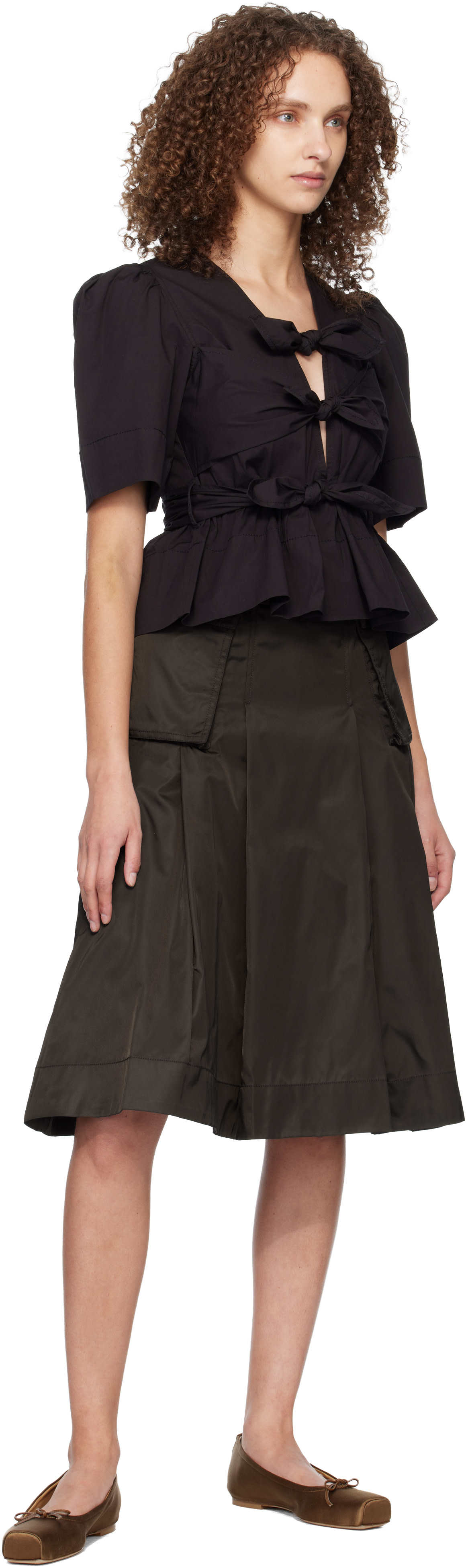 GANNI: Black Washed Stretch Cotton Tie Strap Blouse | SSENSE