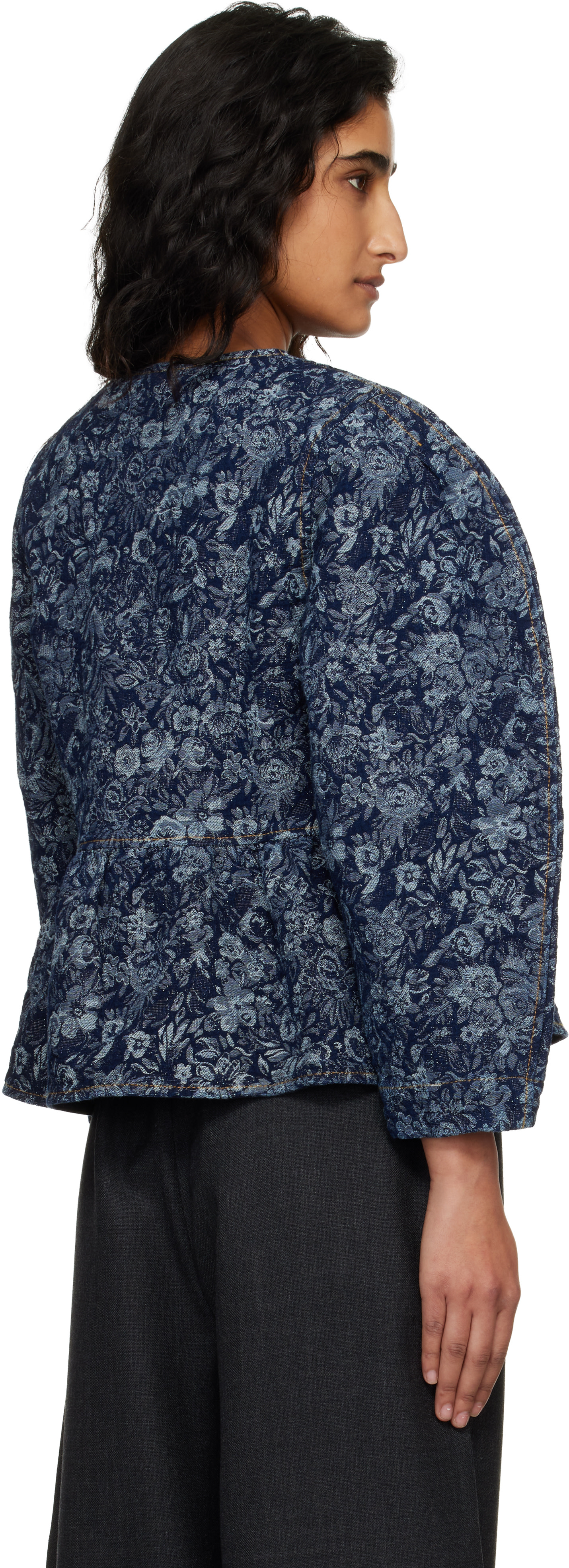 GANNI: Blue Tapestry Peplum Denim Blouse | SSENSE