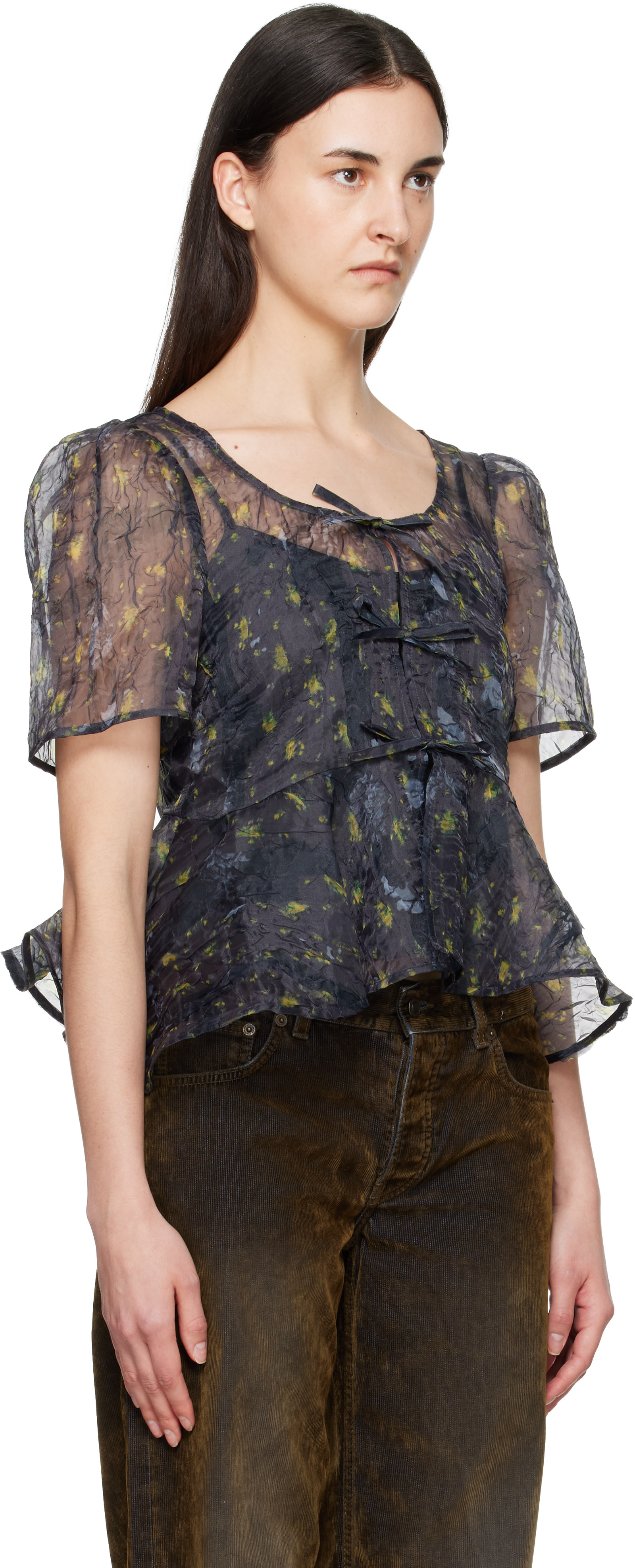 GANNI: Gray Shibori Organza Peplum Blouse | SSENSE