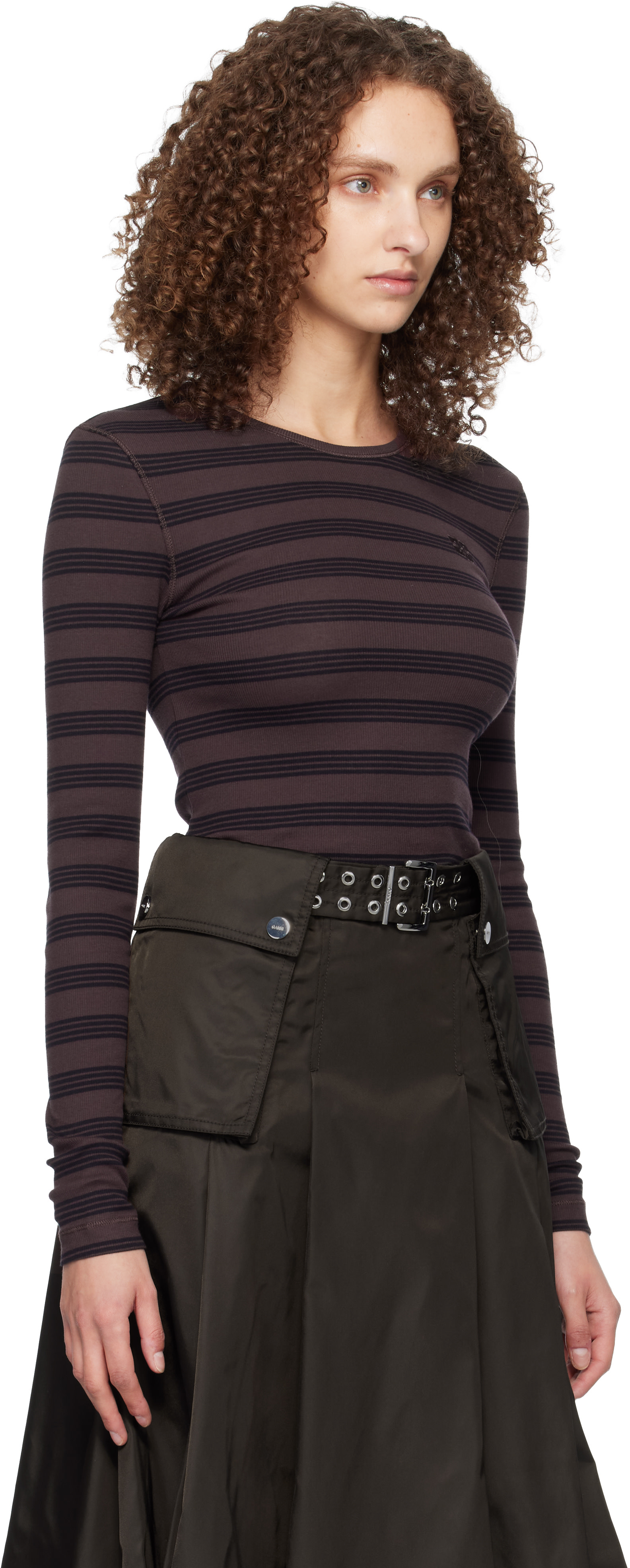 GANNI: Brown & Black Stripe Rib Longsleeve T-shirt | SSENSE