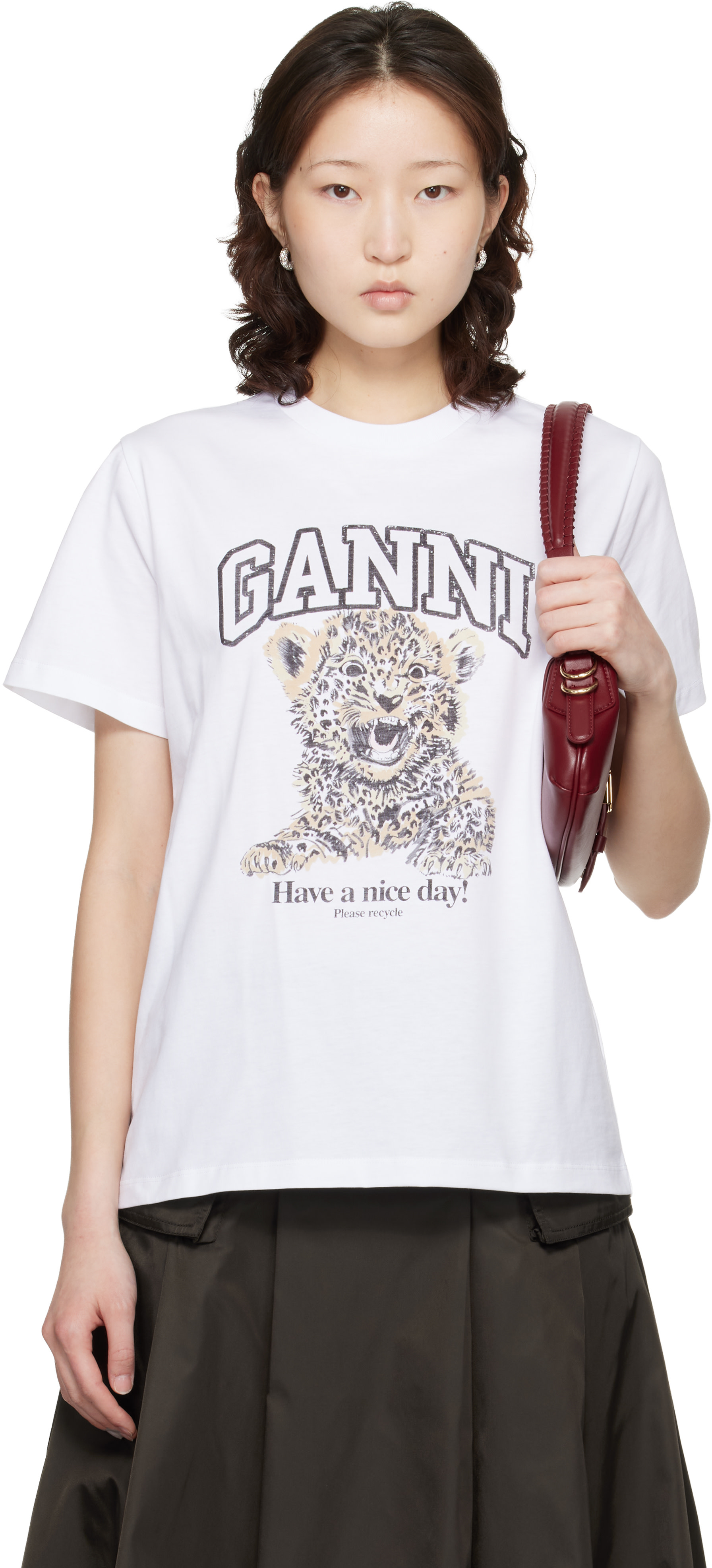 Ganni 白 Tシャツ Mサイズ GANNI: White Basic Jersey Leopard Relaxed T-shirt | SSENSE