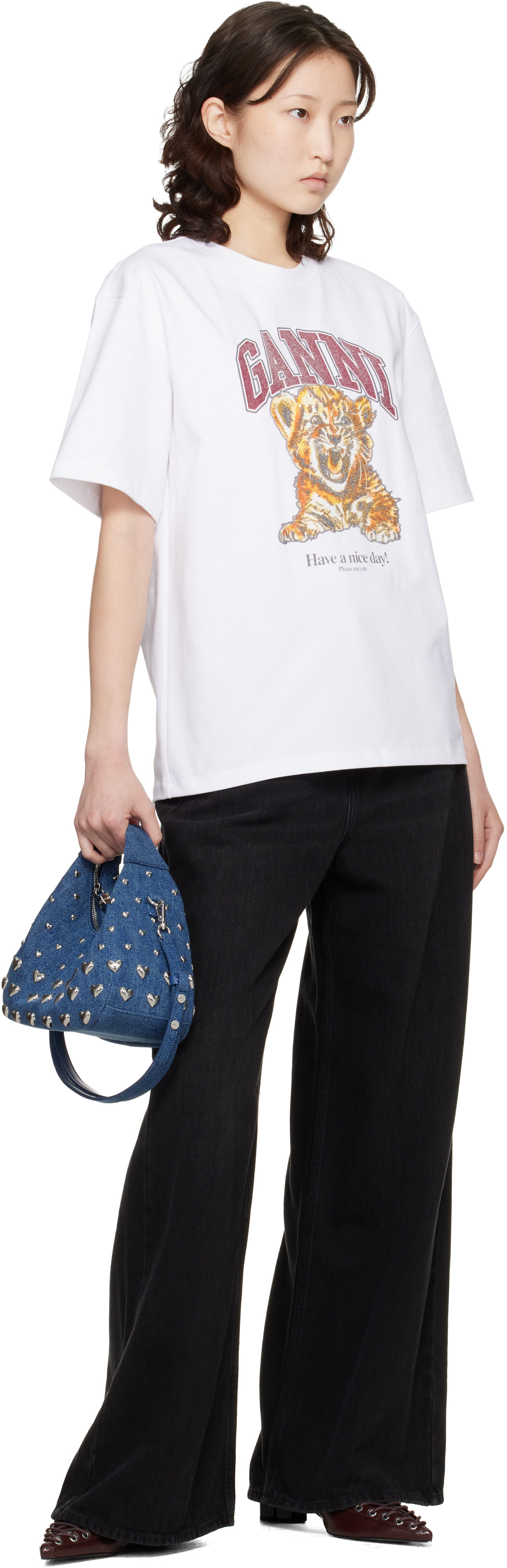 GANNI Tiger ホワイト 半袖 Tシャツ Baby Fit T-shirt with Tiger | GANNI US