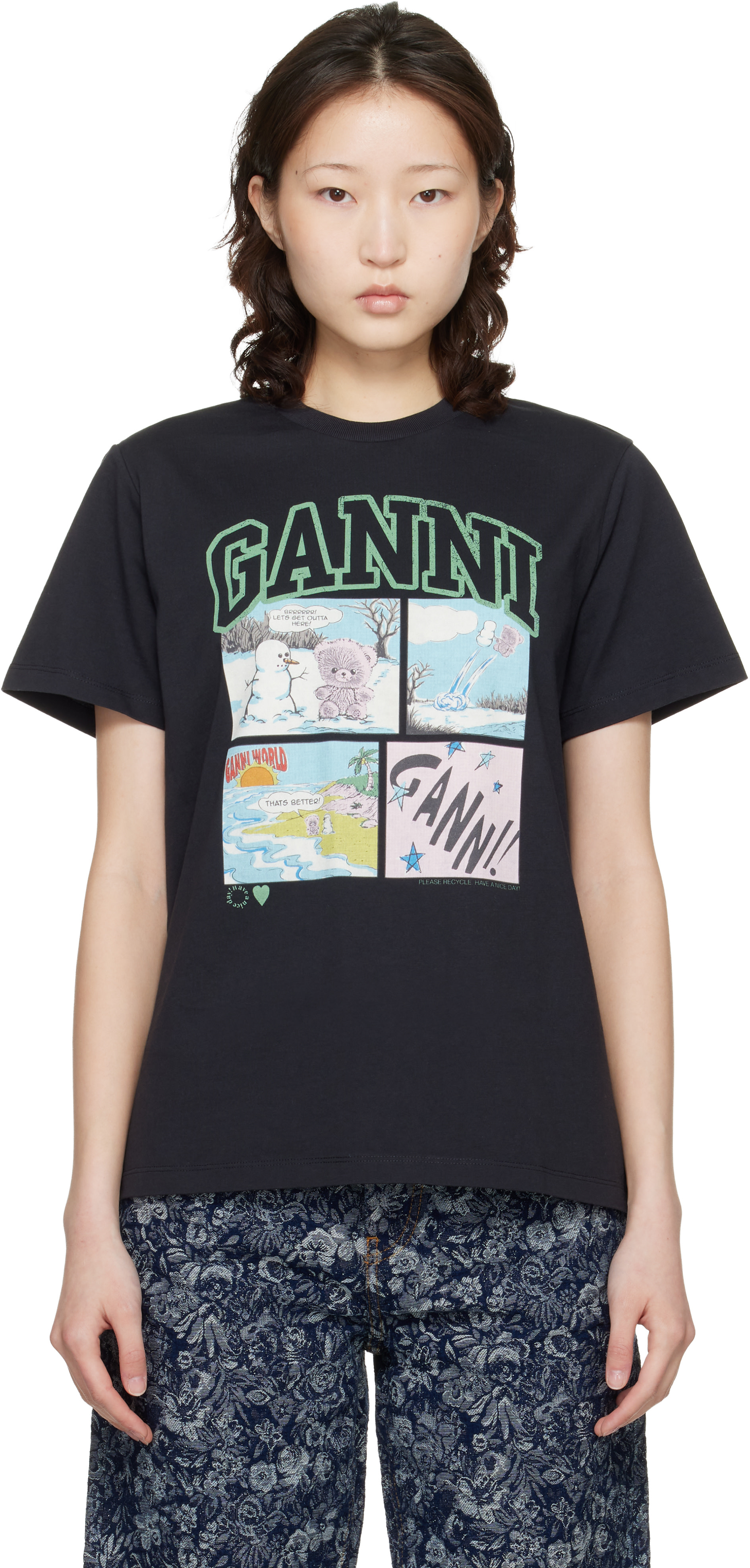 GANNI アニマルプリント T シャツ ブラック M GANNI: Black Basic Cotton Jersey Bear Comic Teddy T-shirt | SSENSE