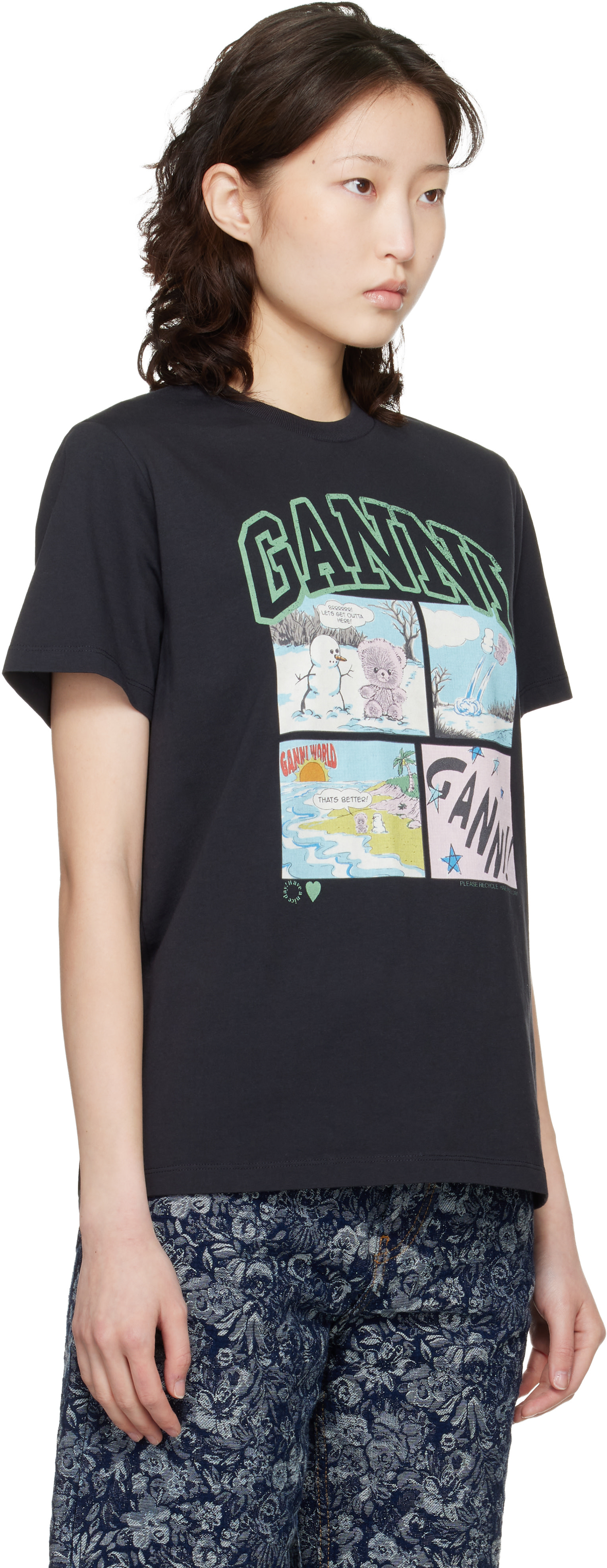 GANNI: Black Basic Cotton Jersey Bear Comic Teddy T-shirt | SSENSE