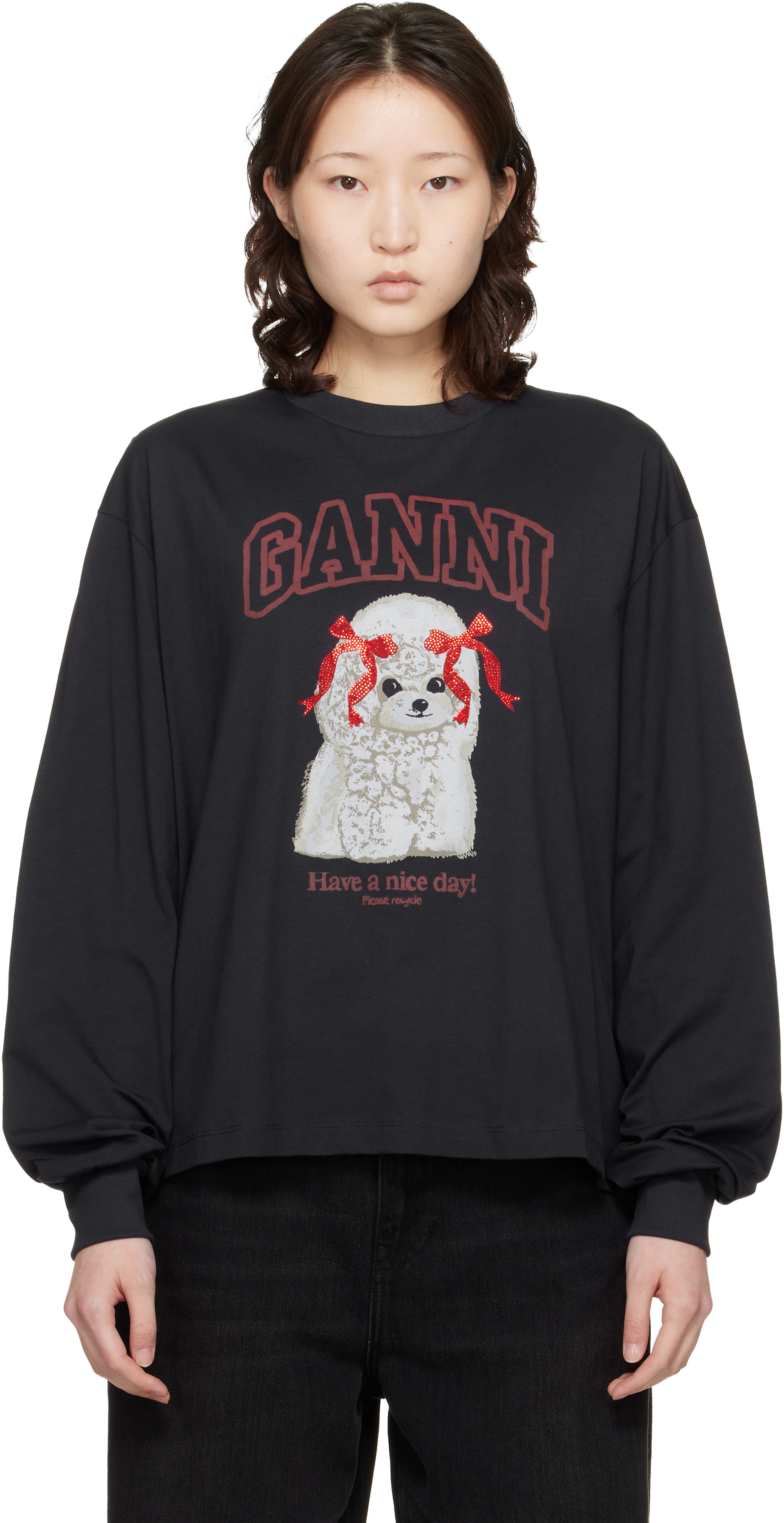 GANNI: Black Poodle Longsleeve T-shirt | SSENSE