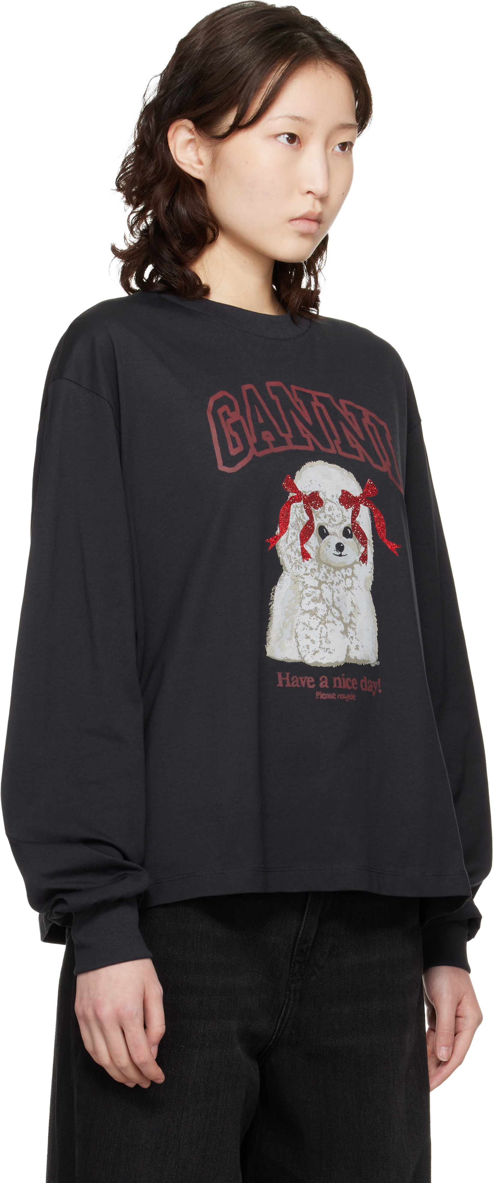 GANNI: Black Poodle Longsleeve T-shirt | SSENSE Germany