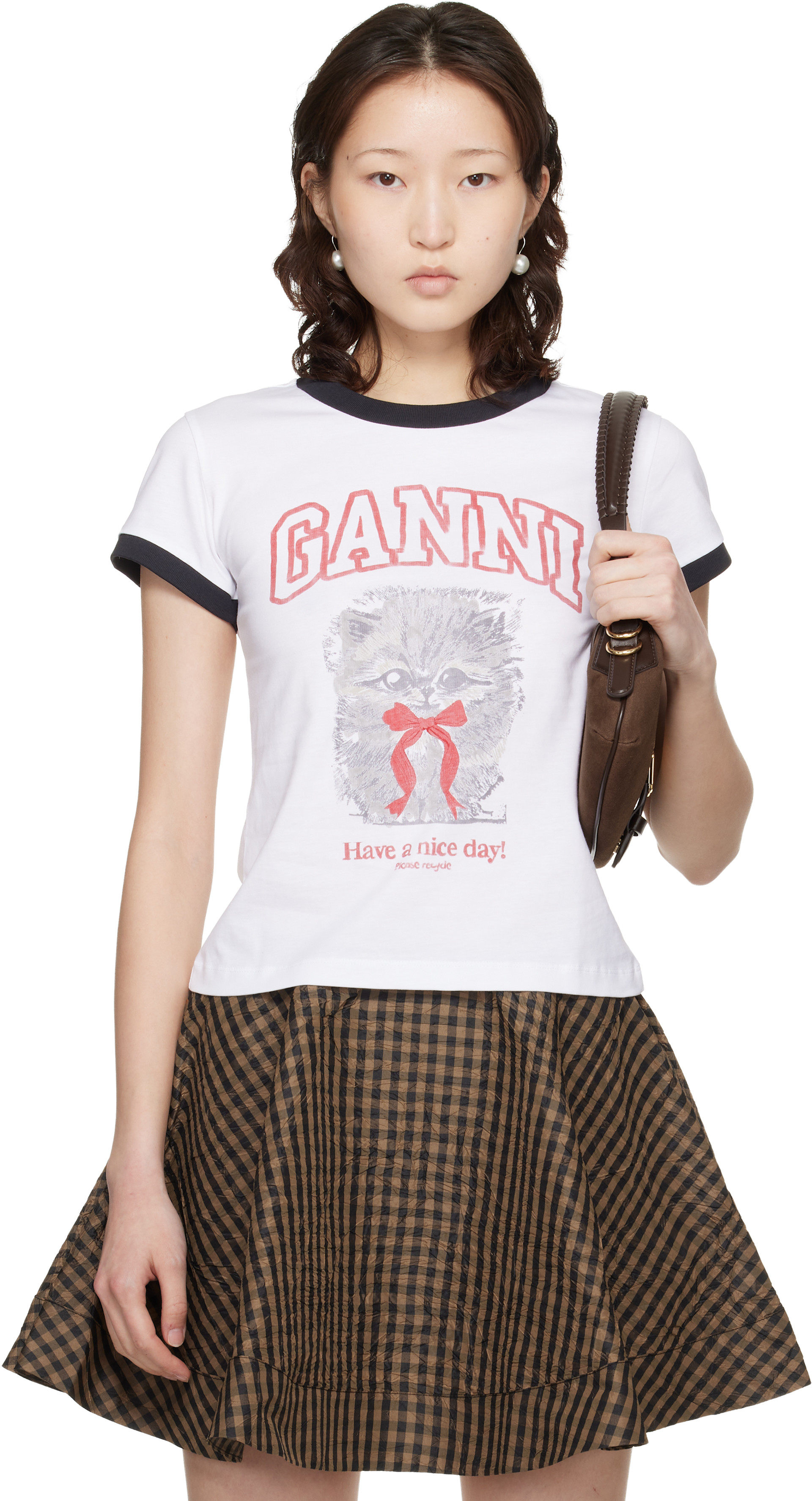GANNI - White Cropped Kitty T-shirt