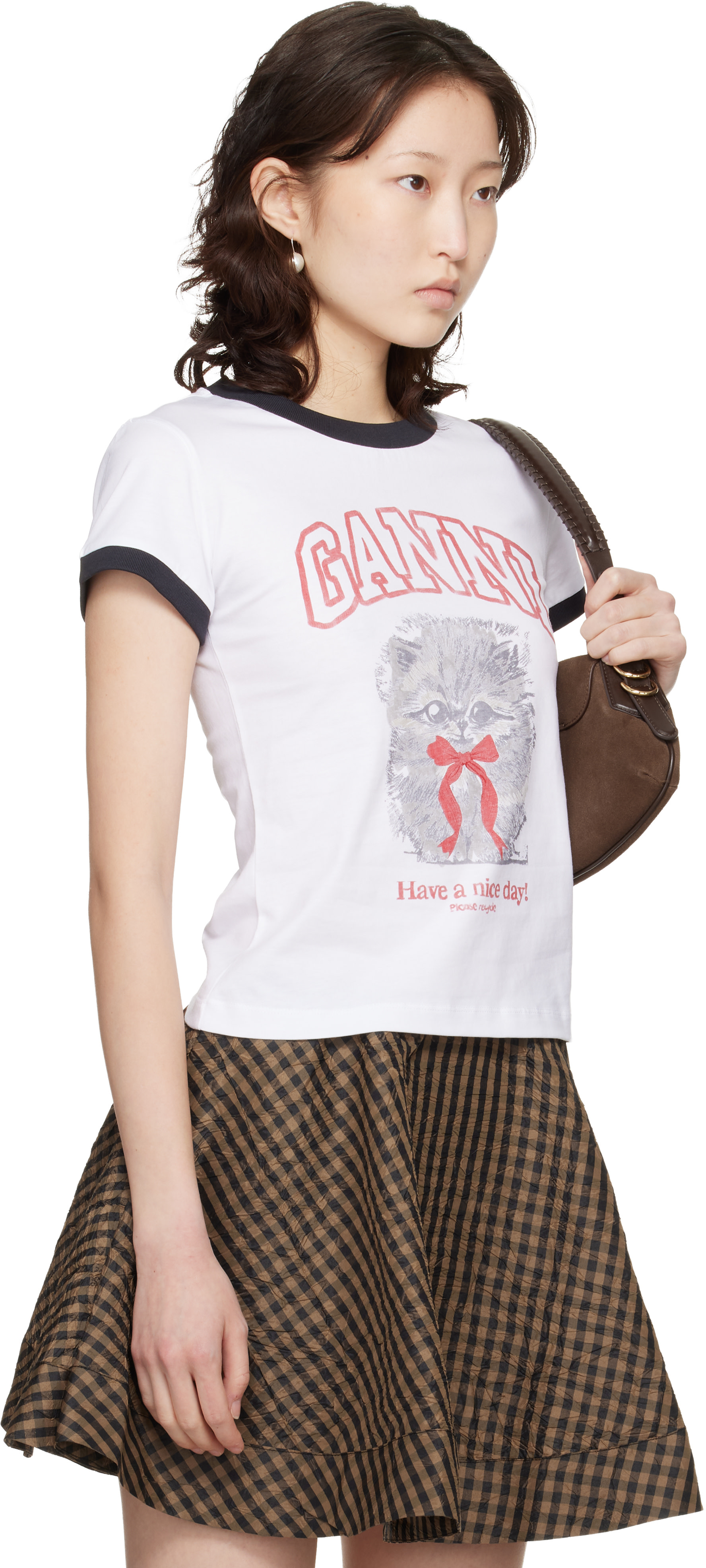 GANNI - White Cropped Kitty T-shirt