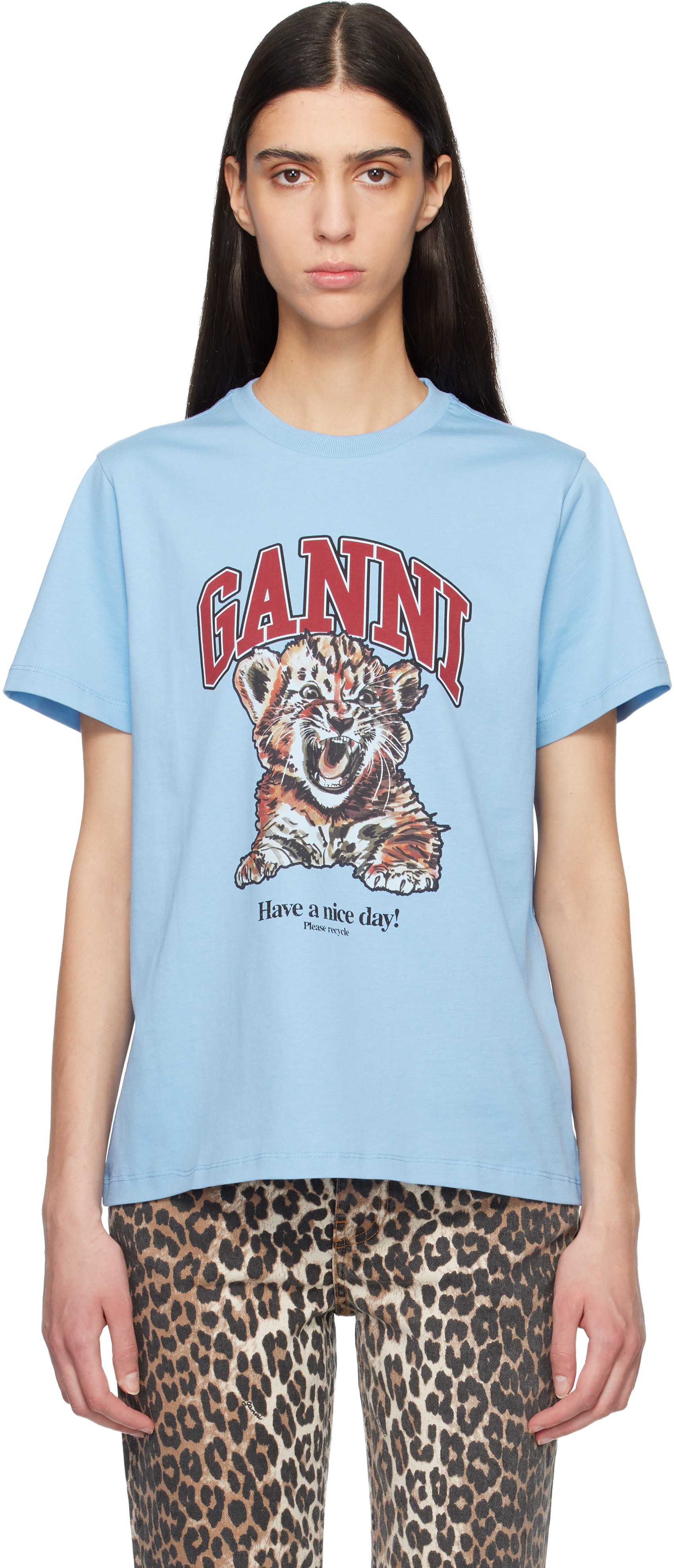 GANNI: Blue Relaxed Jersey Tiger T-shirt | SSENSE