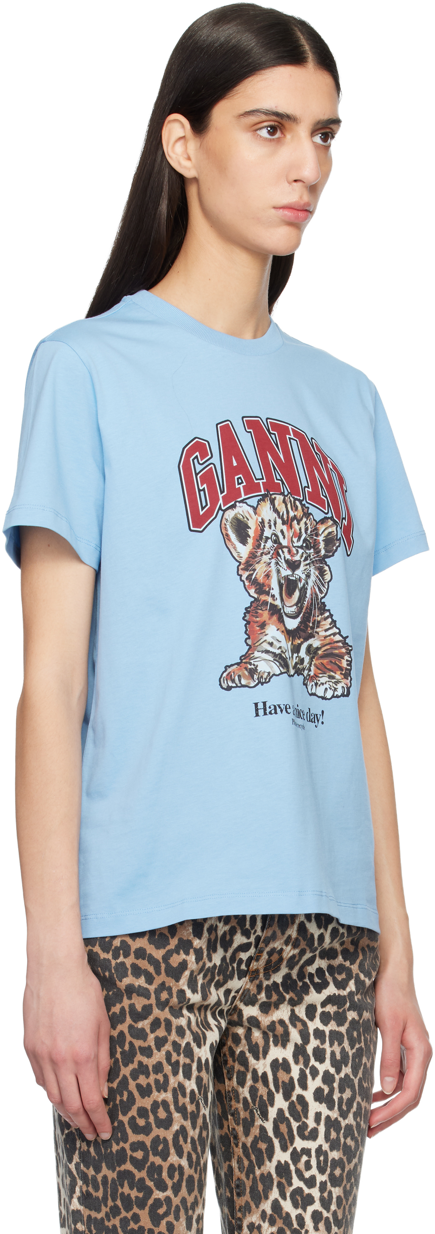 GANNI: Blue Relaxed Jersey Tiger T-shirt | SSENSE