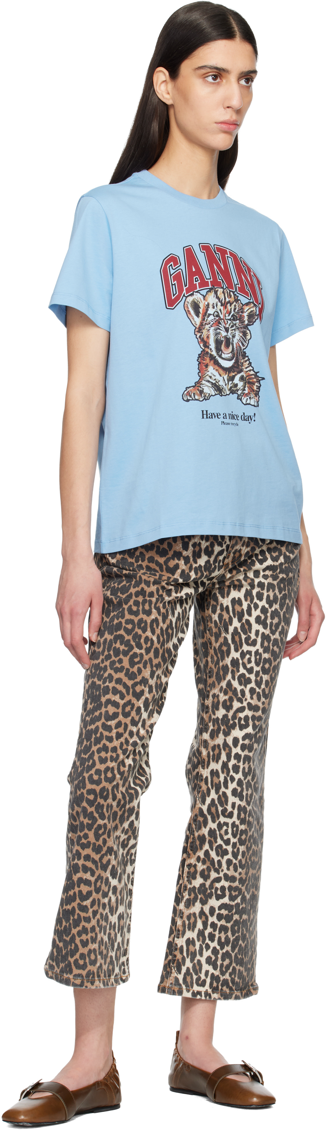 GANNI: Blue Relaxed Jersey Tiger T-shirt | SSENSE