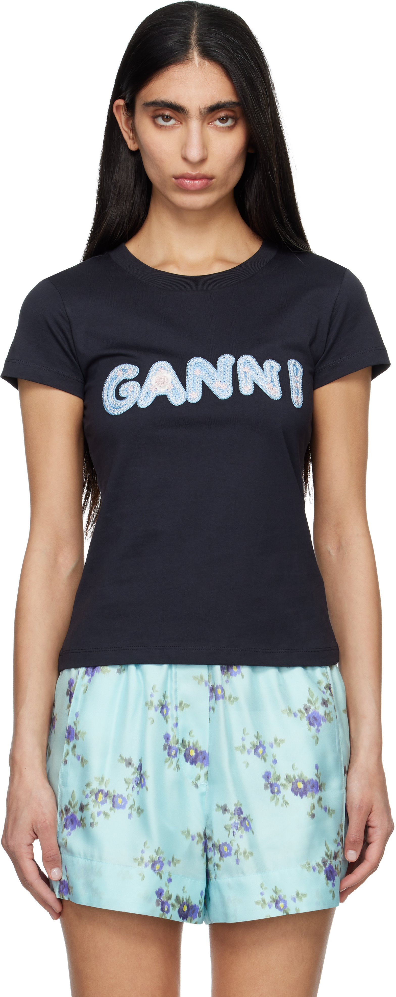 GANNI - Micro t-shirt noir à logo