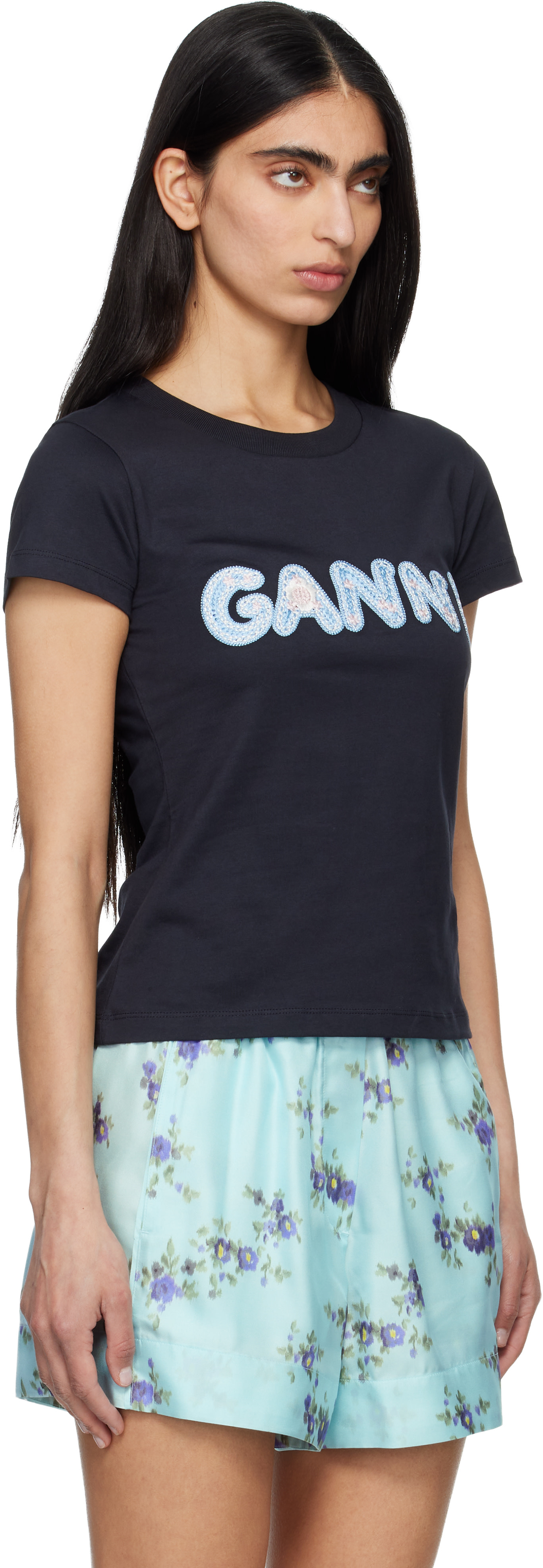 GANNI - Micro t-shirt noir à logo