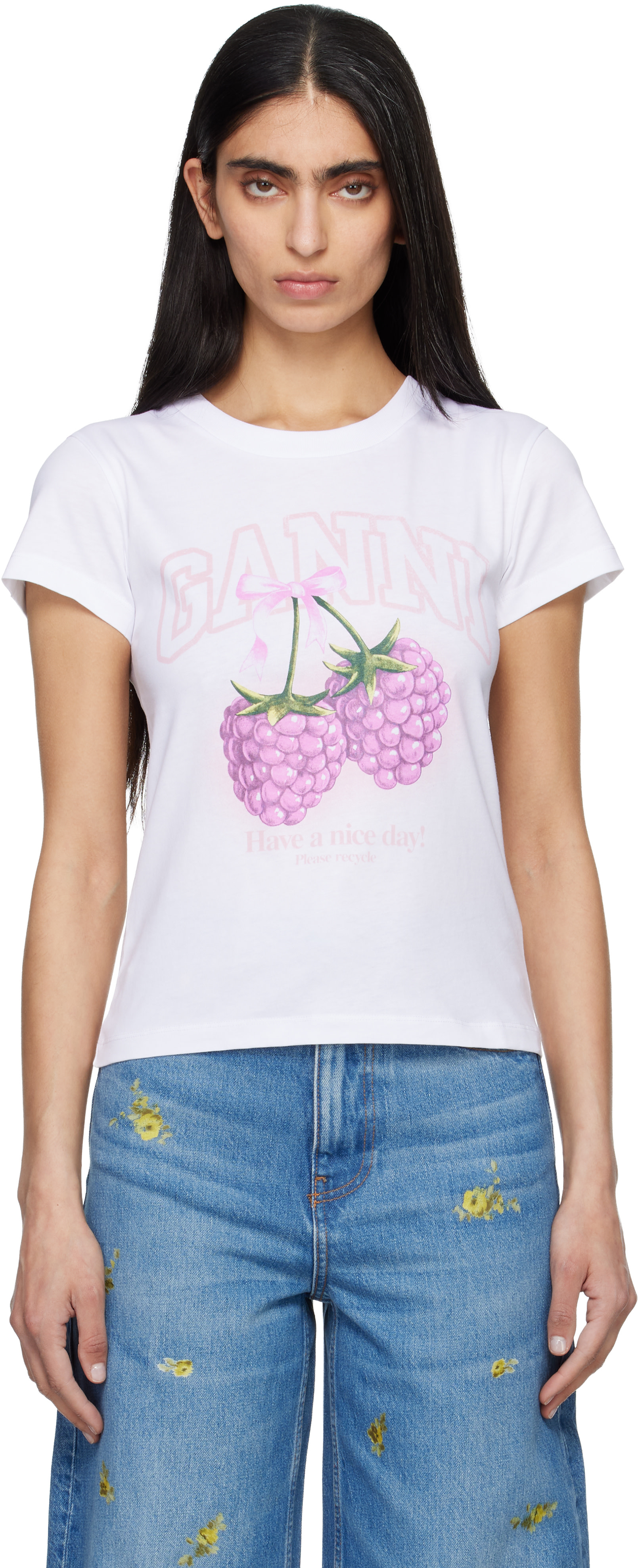 GANNI - Micro t-shirt blanc à image