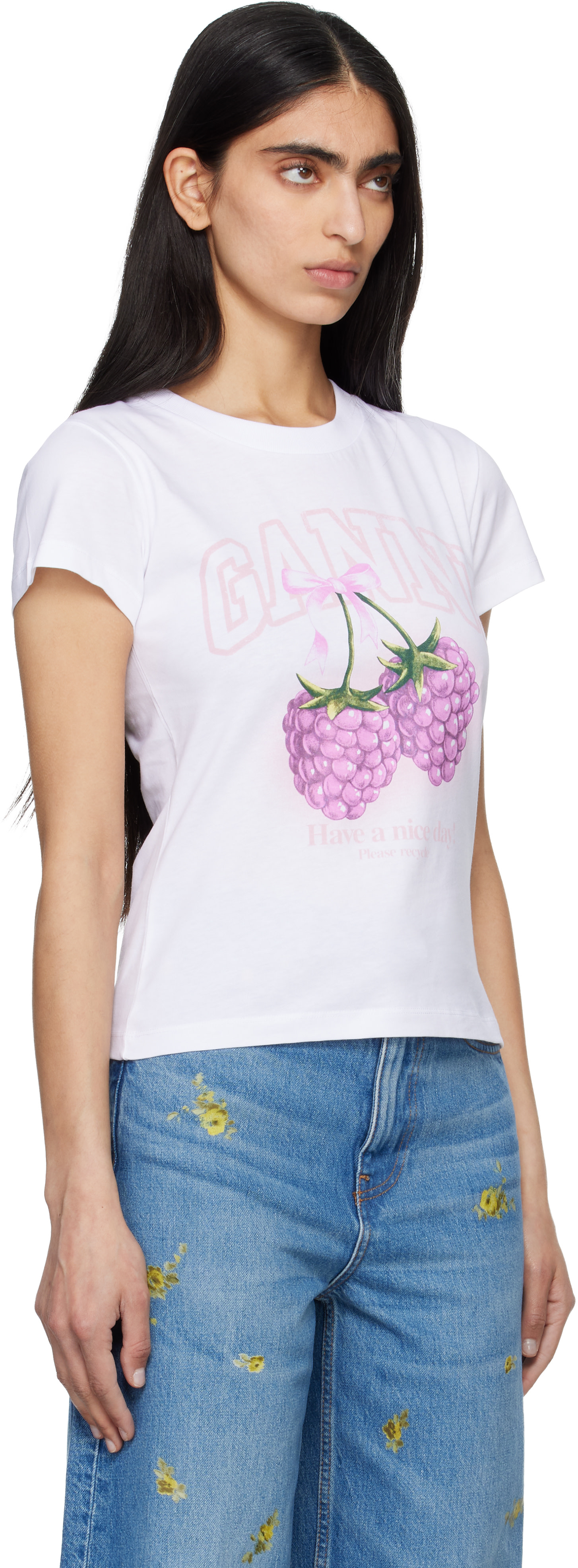 GANNI - Micro t-shirt blanc à image