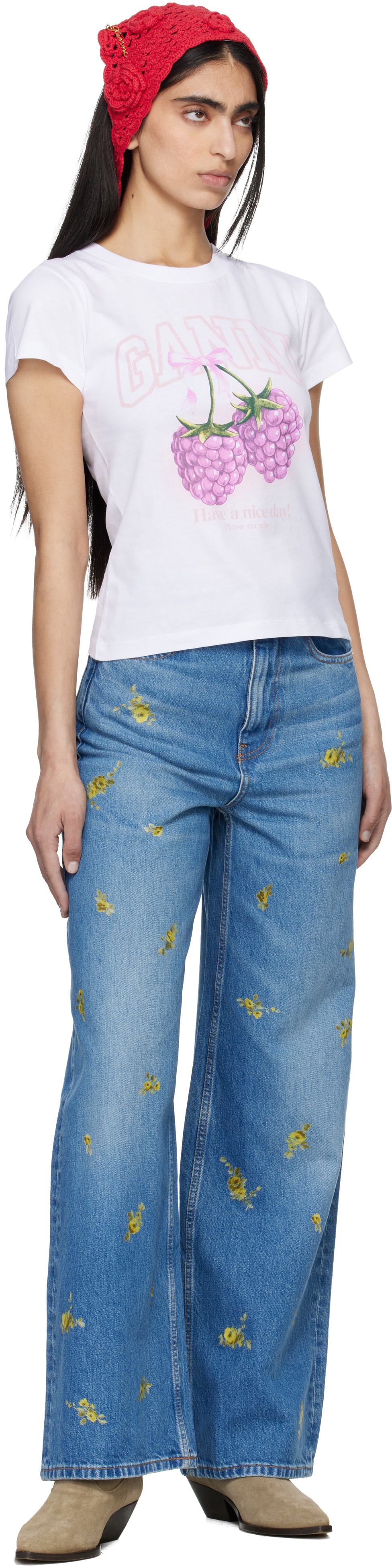 GANNI - Micro t-shirt blanc à image