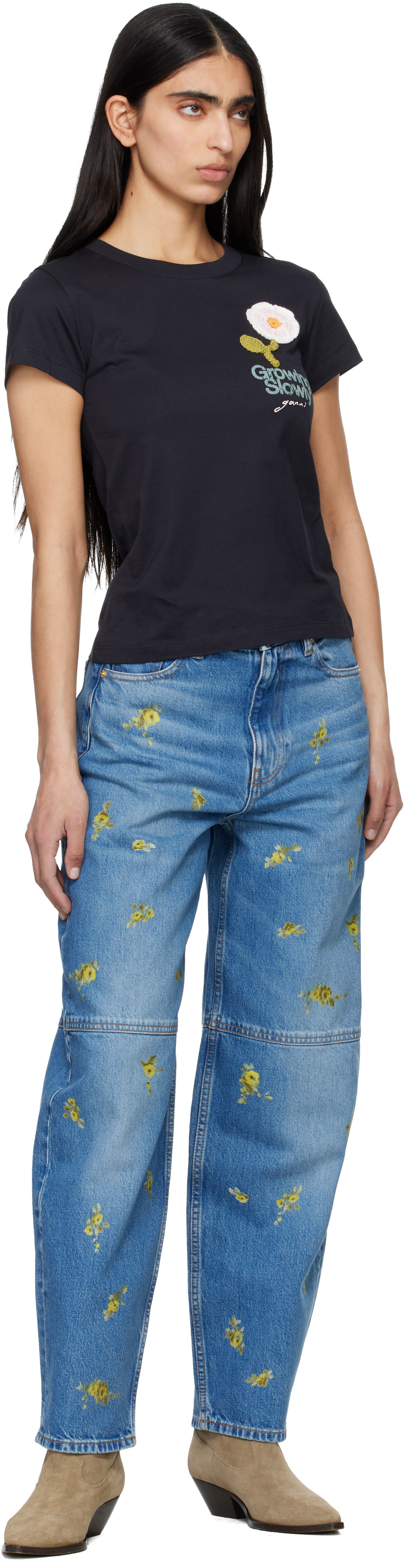 GANNI - Micro t-shirt noir à image