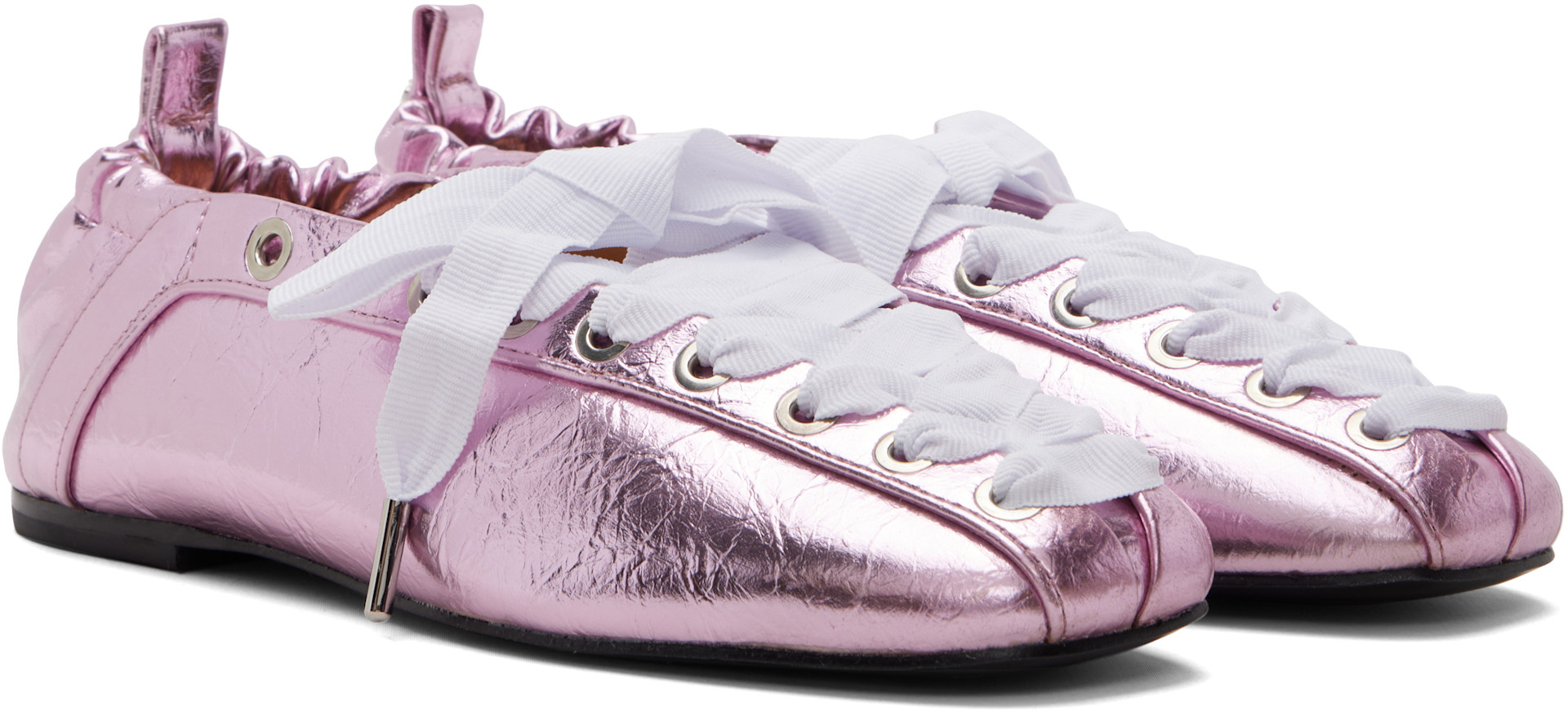 GANNI: Pink Lace-Up Ballerina Flats | SSENSE