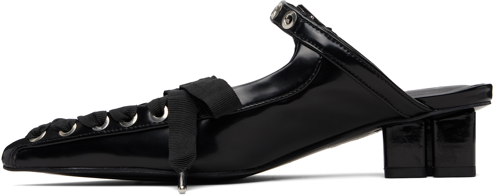 GANNI: Black Eyelets Lace Up Mule Heels | SSENSE