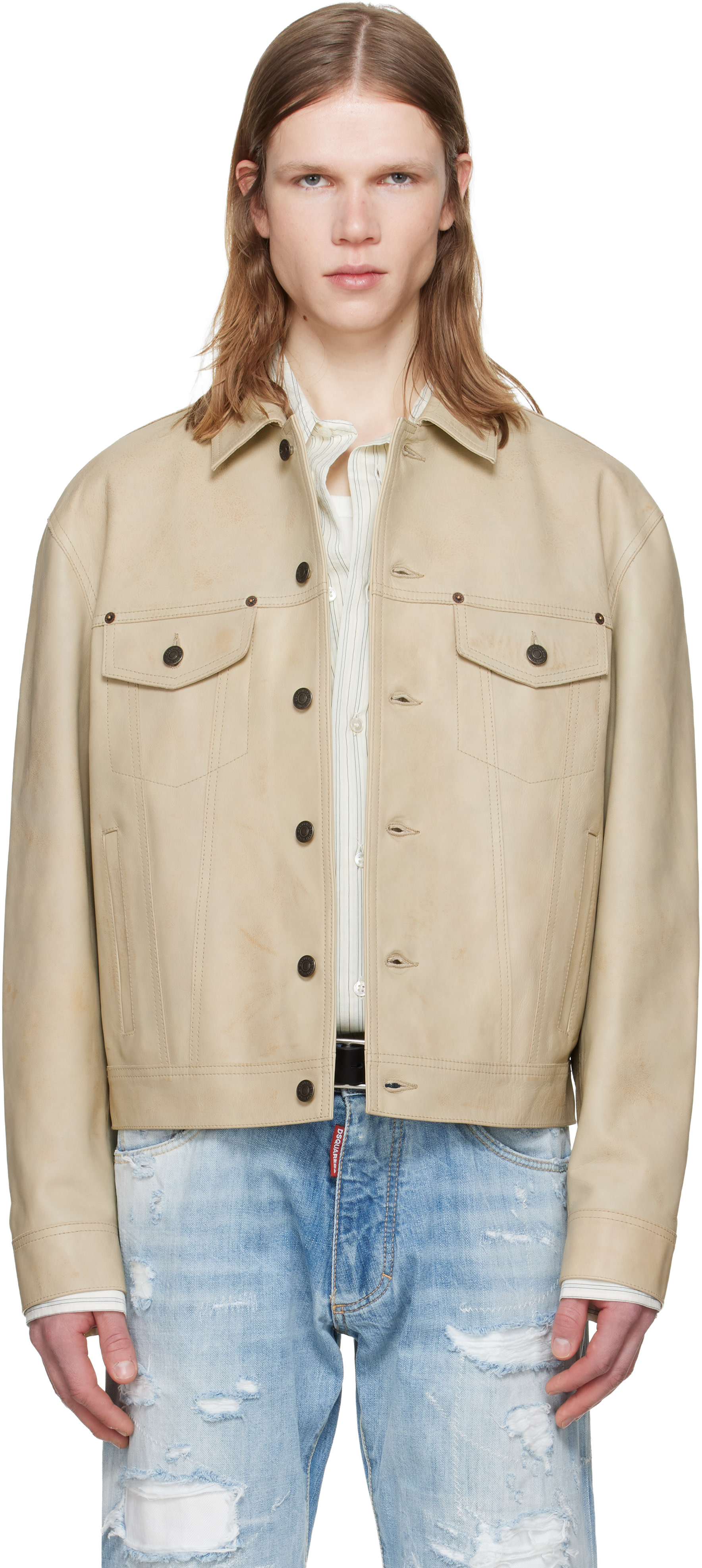 Dsquared2 - Beige Leather Jean Jacket