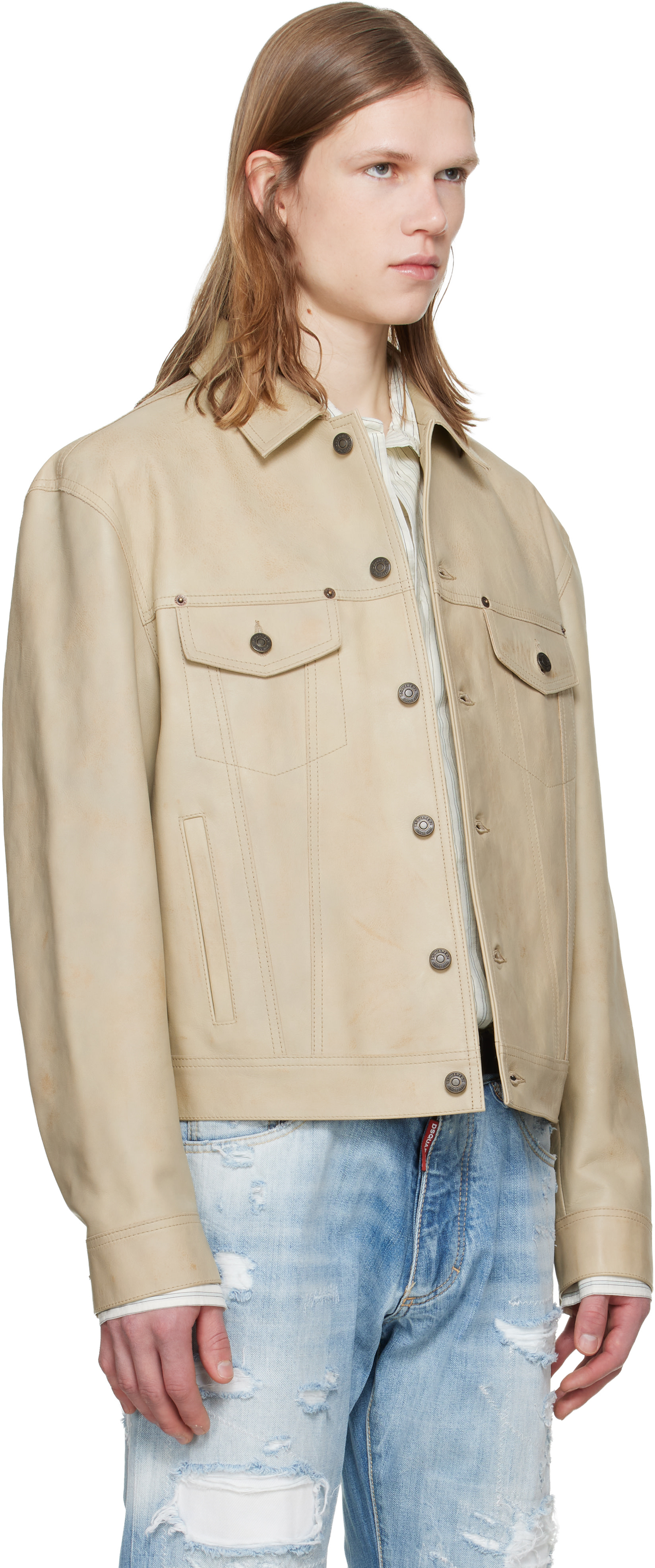 Dsquared2 - Beige Leather Jean Jacket