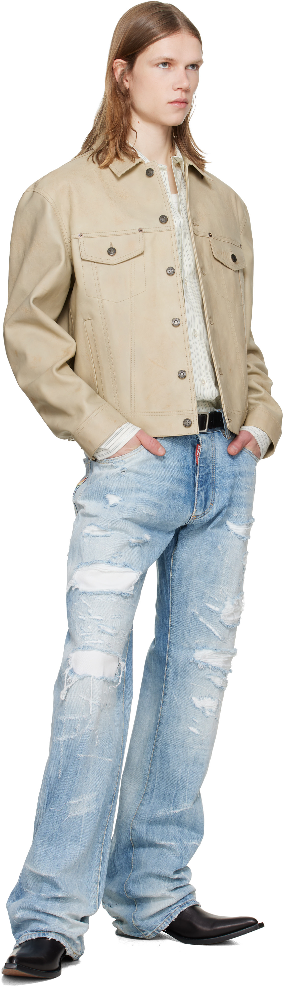 Dsquared2 - Beige Leather Jean Jacket