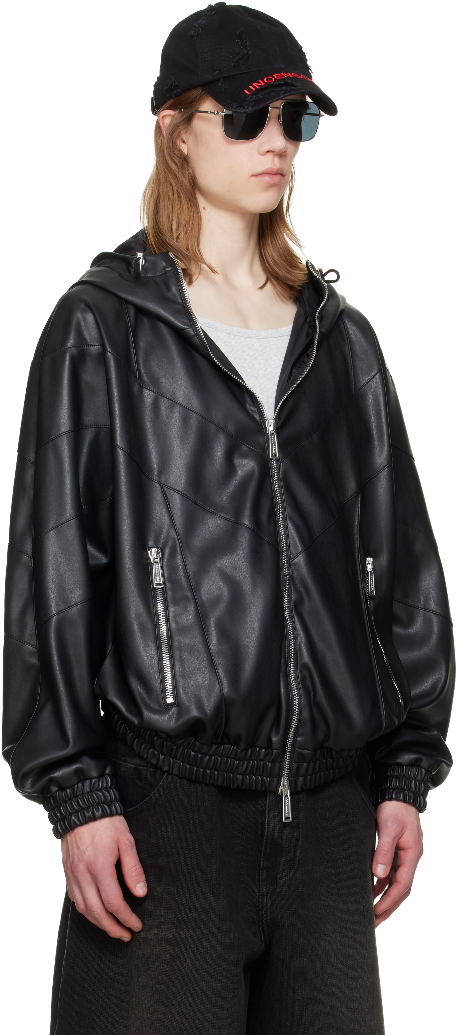 Dsquared2: Black Zipped Hoodie Faux-Leather Jacket | SSENSE