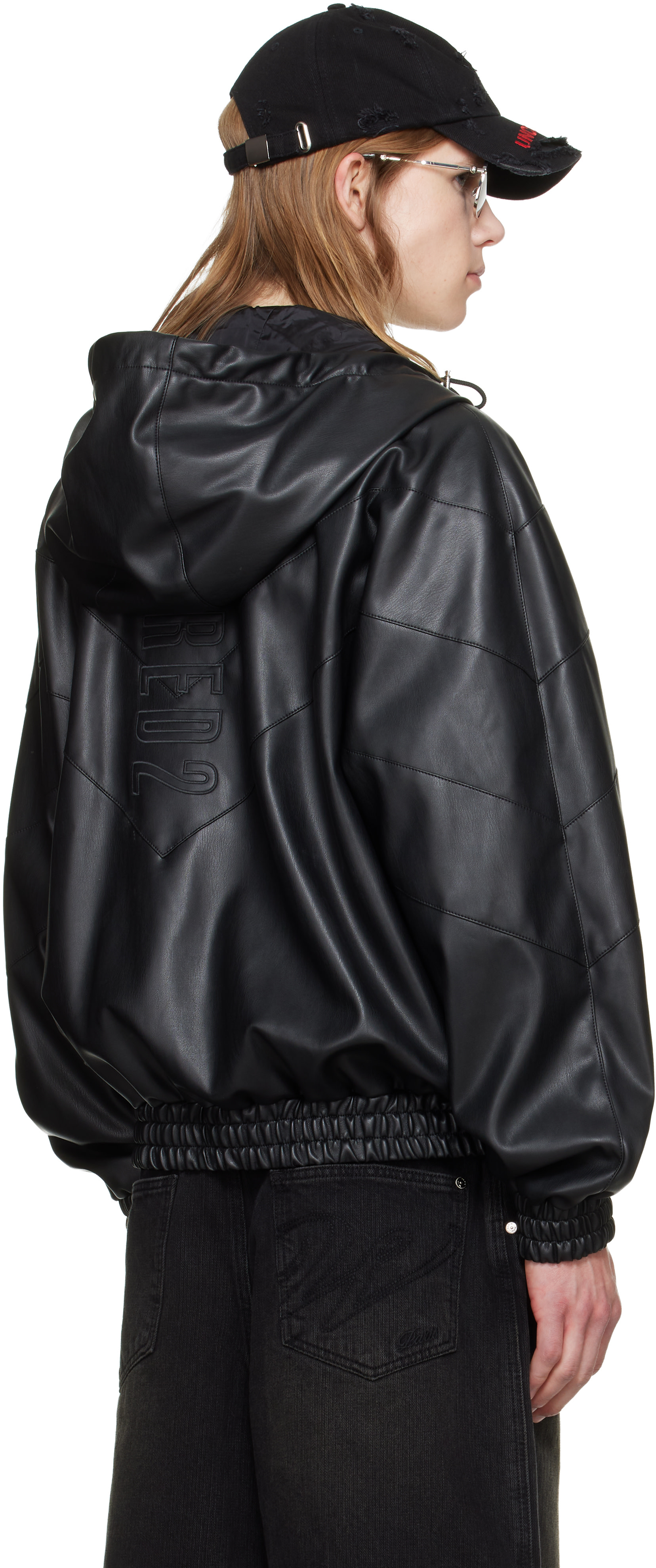 Dsquared2: Black Zipped Hoodie Faux-Leather Jacket | SSENSE