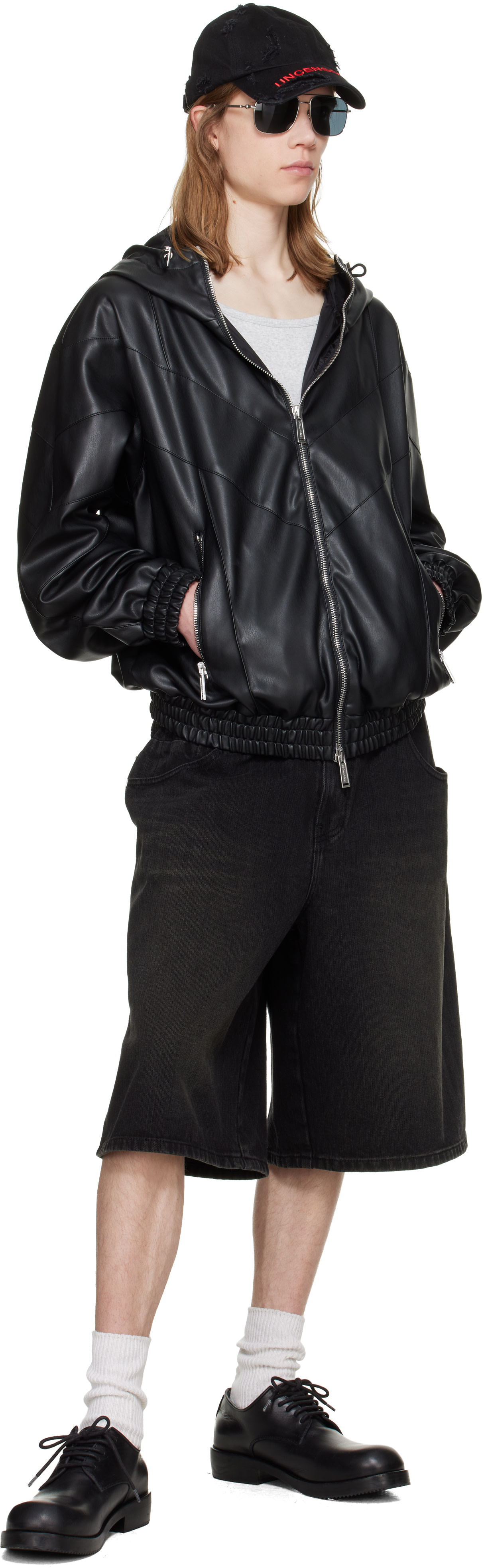DSQUARED2 レザージャケット Dsquared2: Black Zipped Hoodie Faux-Leather Jacket | SSENSE