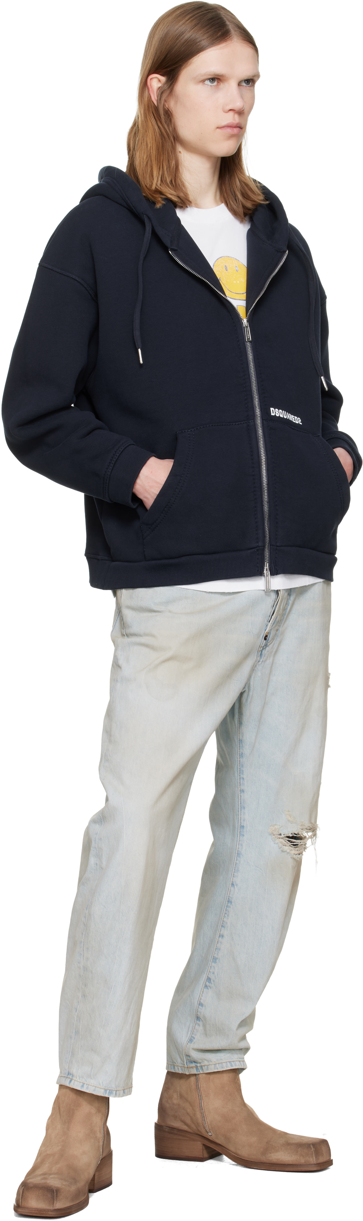 Dsquared2: Navy Dsquared2 Logo Boyfriend Fit Zipped Hoodie | SSENSE