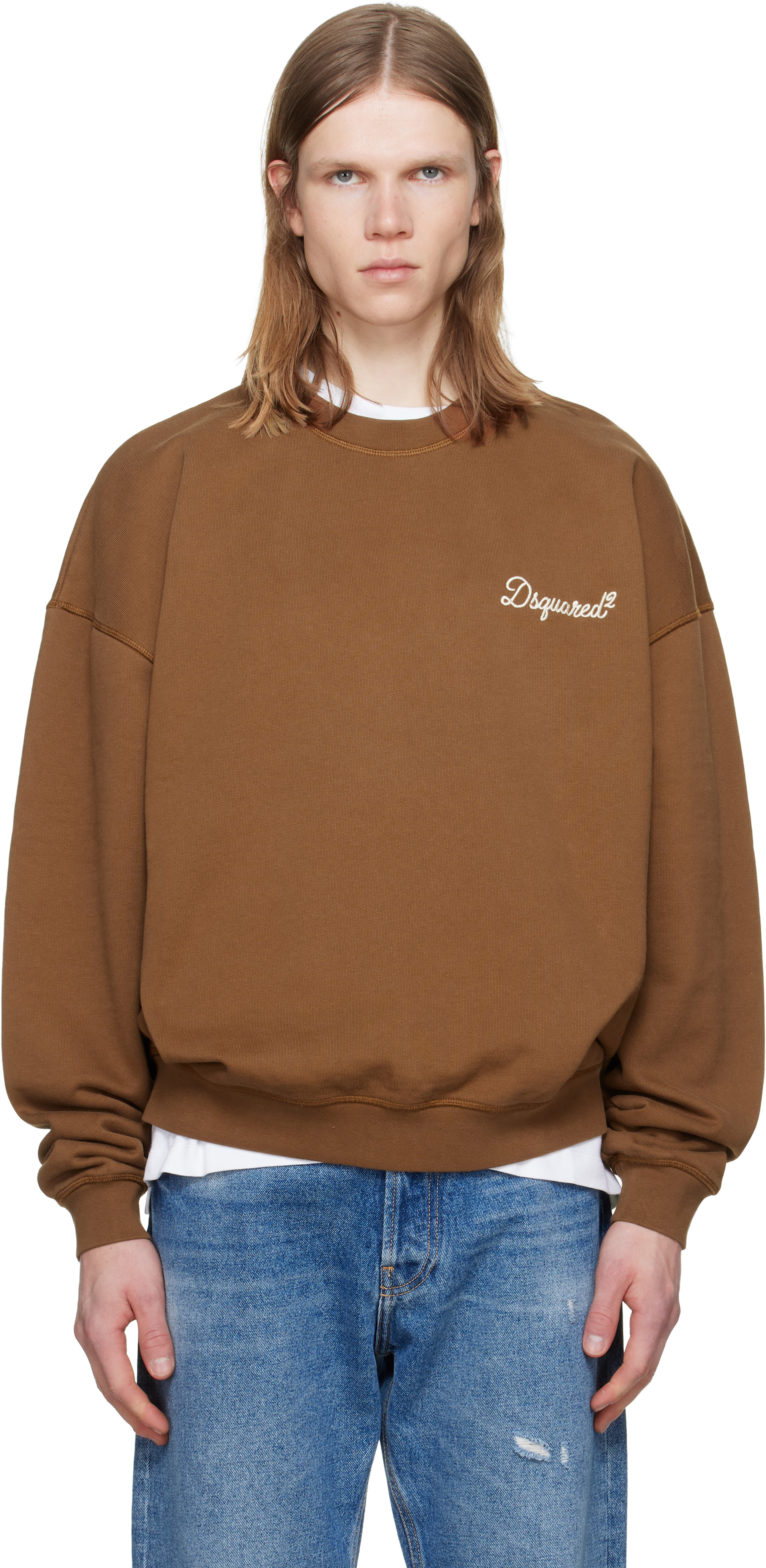 Dsquared2 - Pull molletonné décontracté brun à logo manuscrit et à col ras du cou