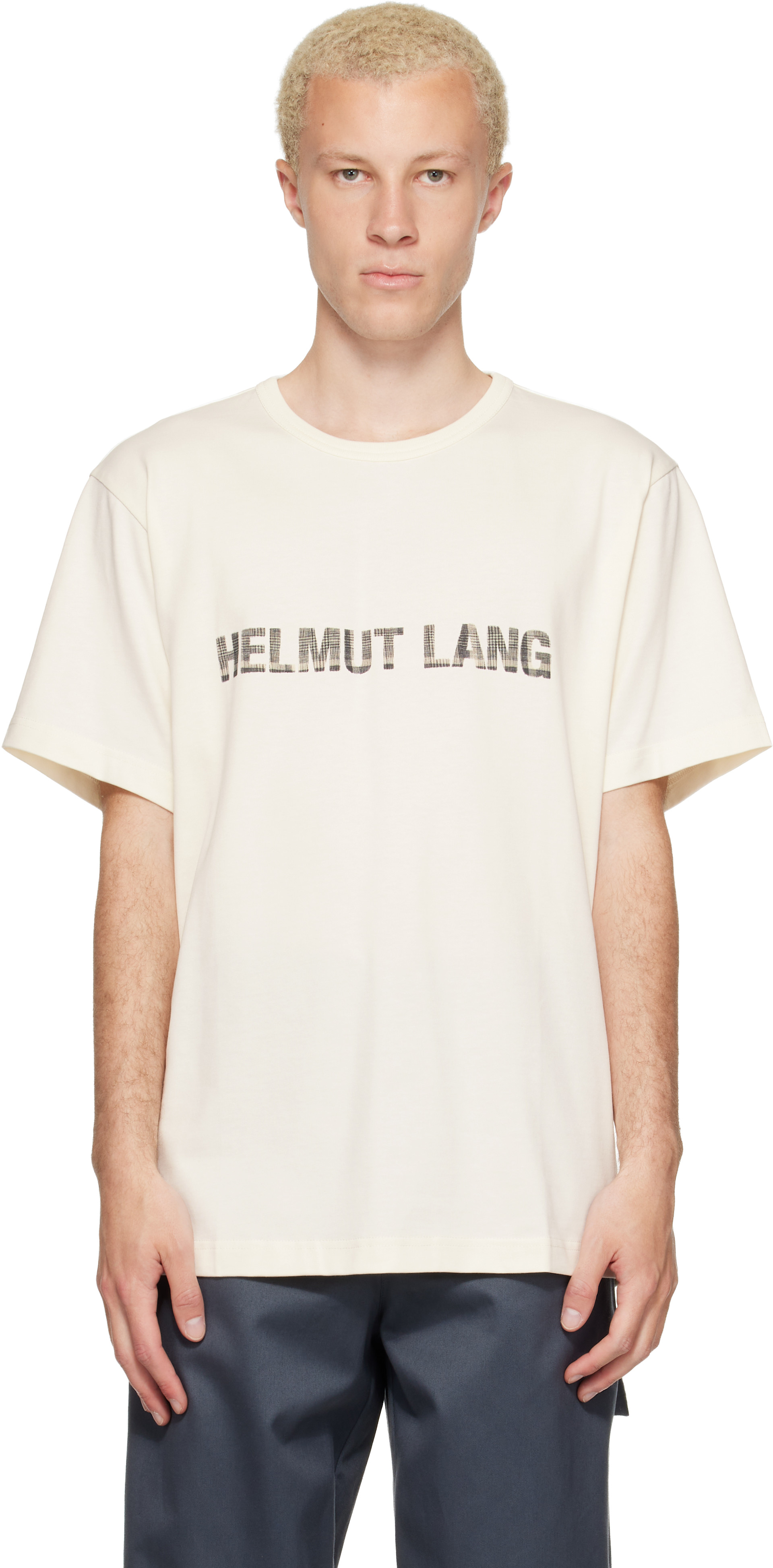 Helmut Lang: オフホワイト Plaid ロゴ Tシャツ | SSENSE 日本