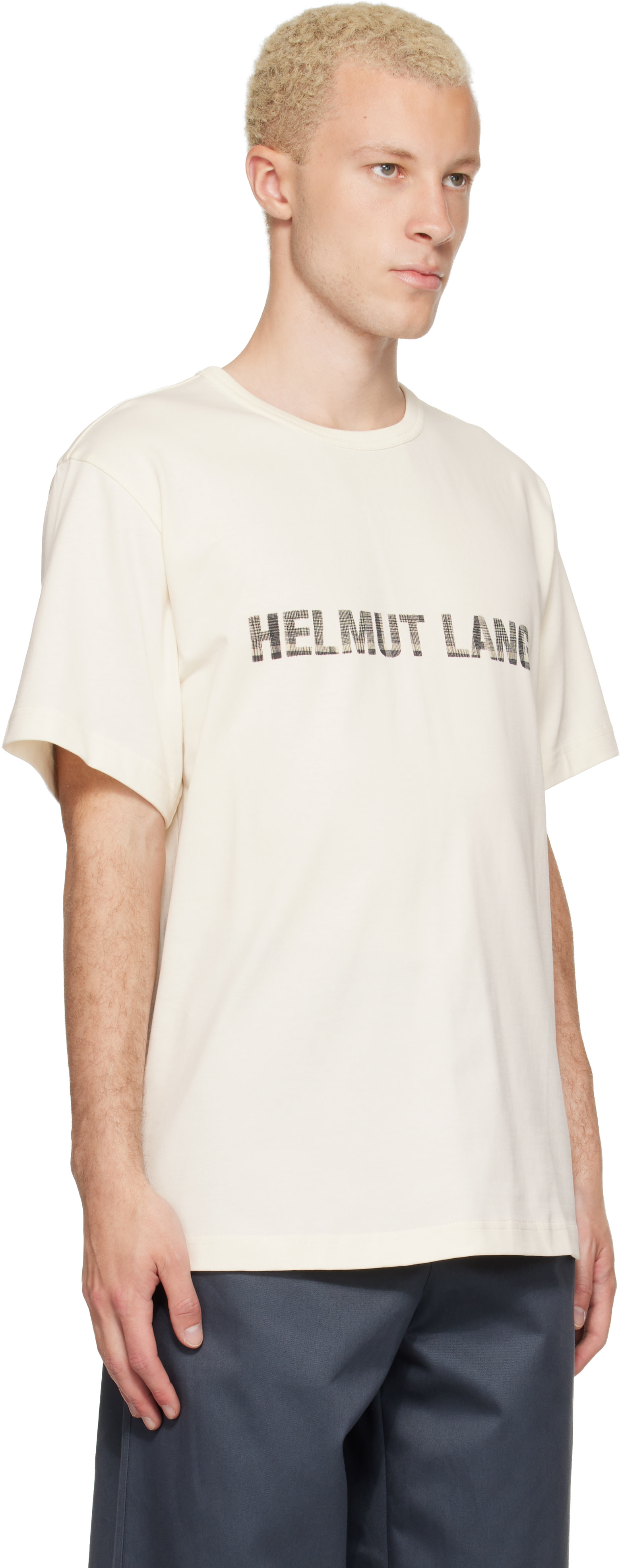 Helmut Lang: オフホワイト Plaid ロゴ Tシャツ | SSENSE 日本