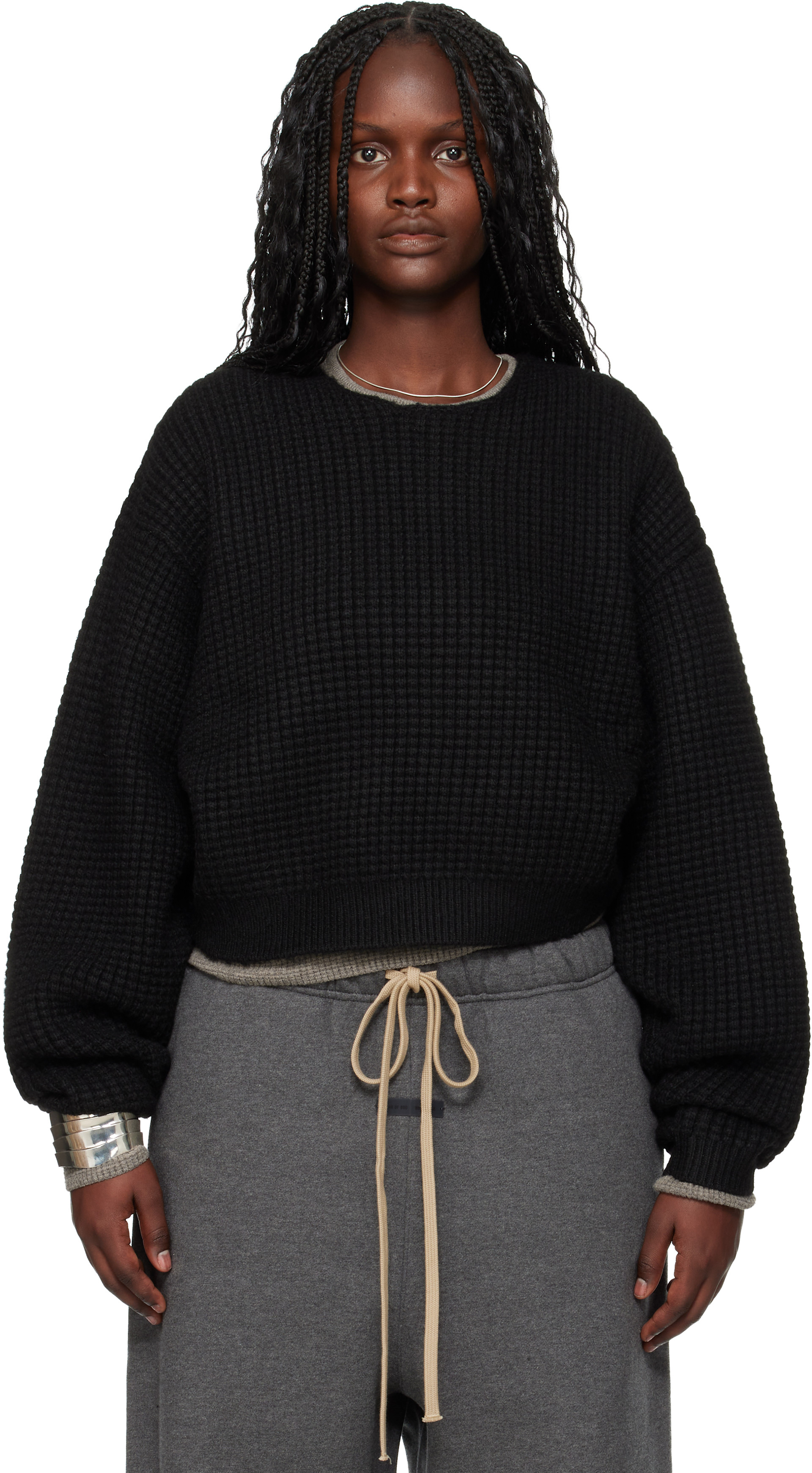 Fear of God ESSENTIALS: Black Holiday Heavy Waffle 90s Crewneck Sweater ...