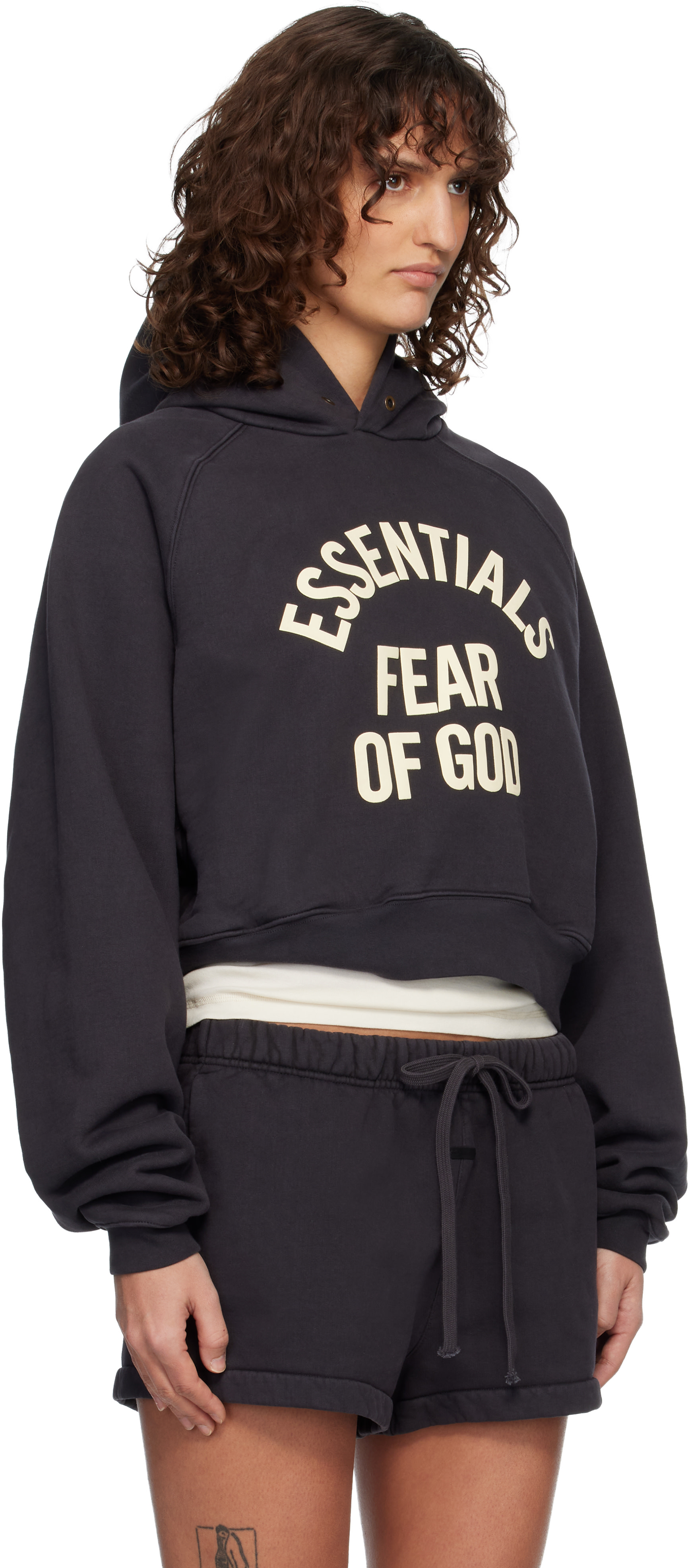 Fear of God ESSENTIALS: Black Campus 90's Cropped Raglan Hoodie