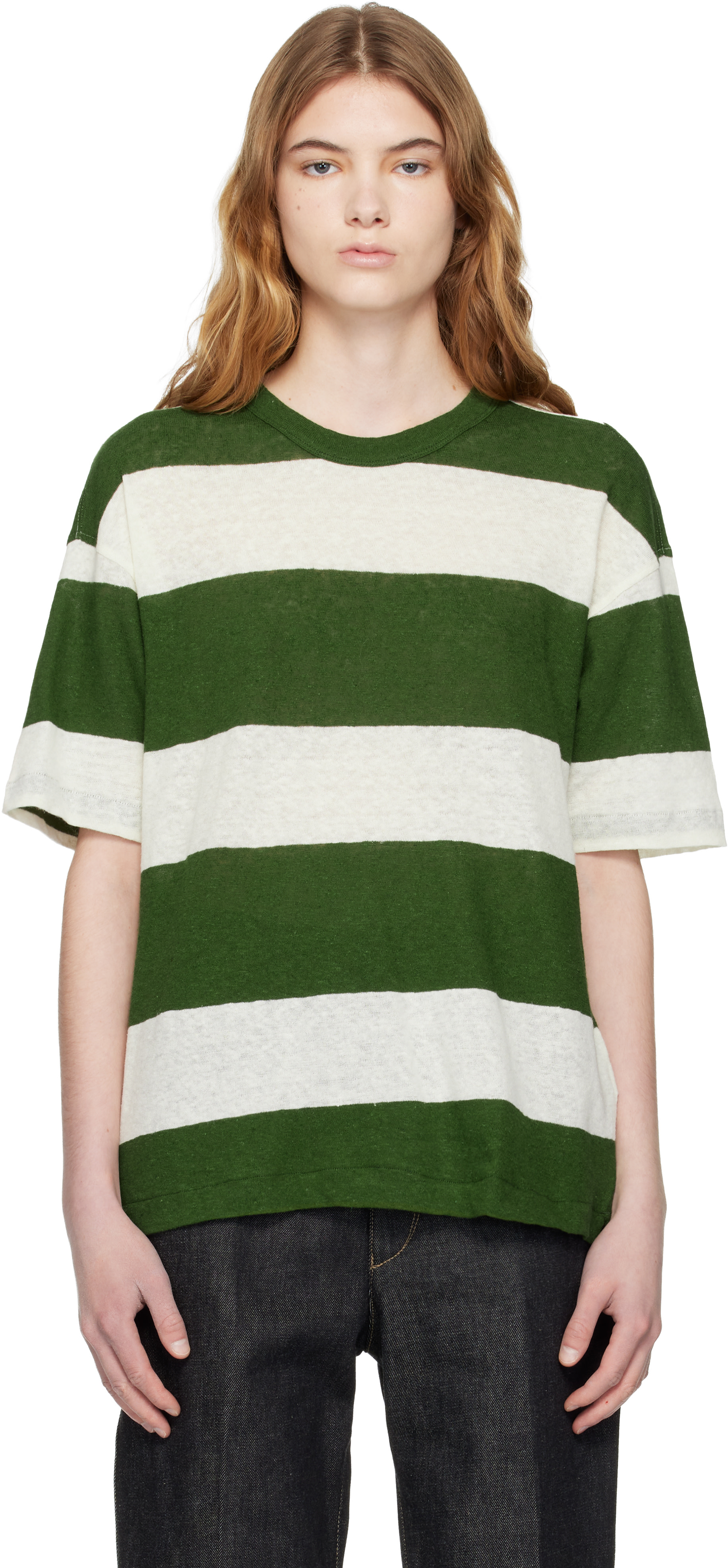 YMC - T-shirt vert et blanc cassé à rayures