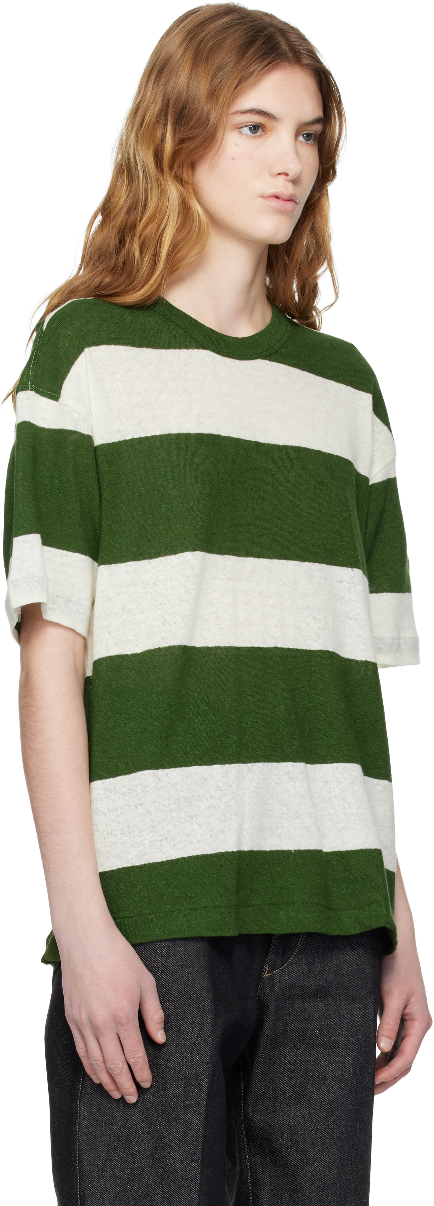 YMC - T-shirt vert et blanc cassé à rayures
