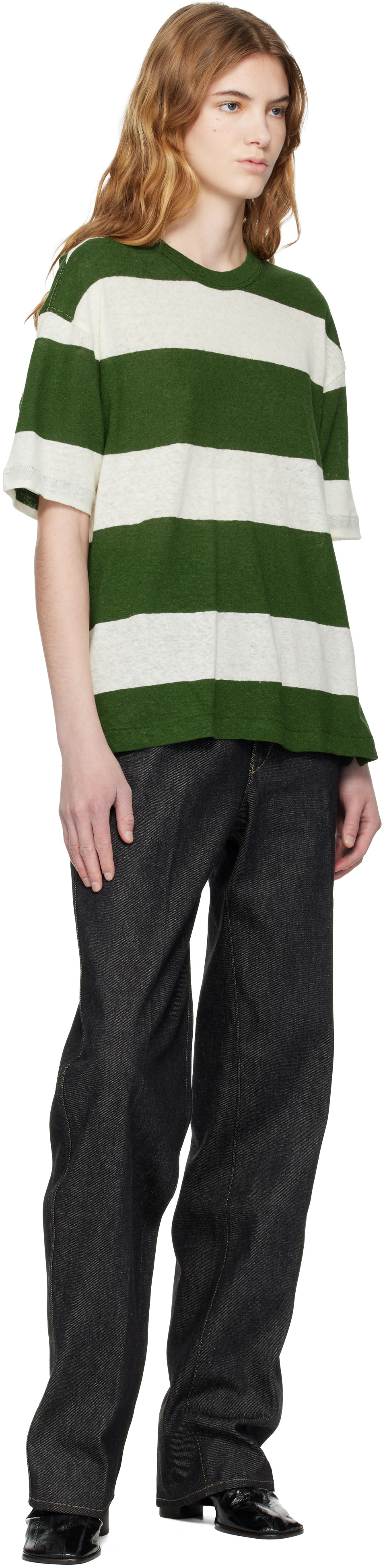 YMC - T-shirt vert et blanc cassé à rayures