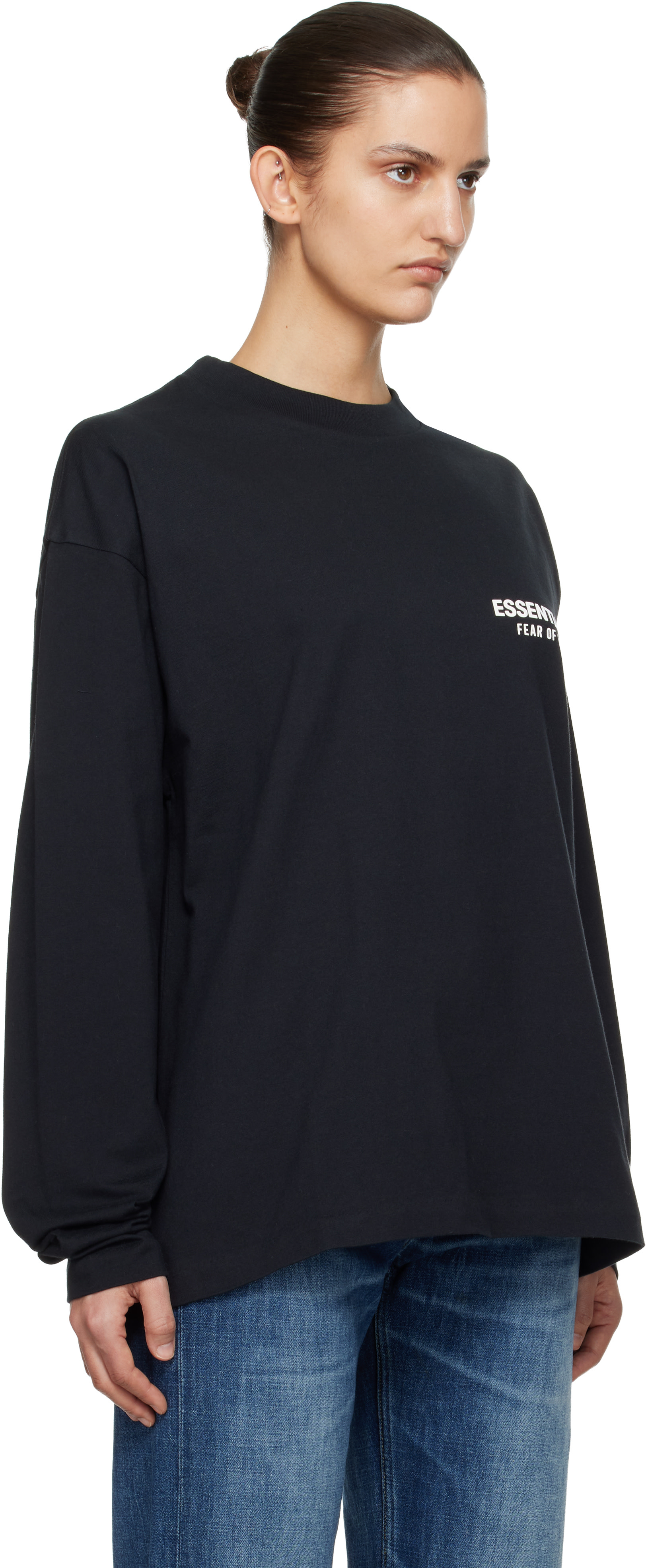 ESSENTIALS FEAR OF GOD ブラック長袖カットソー Fear of God ESSENTIALS: Black Classic Long Sleeve T-shirt | SSENSE