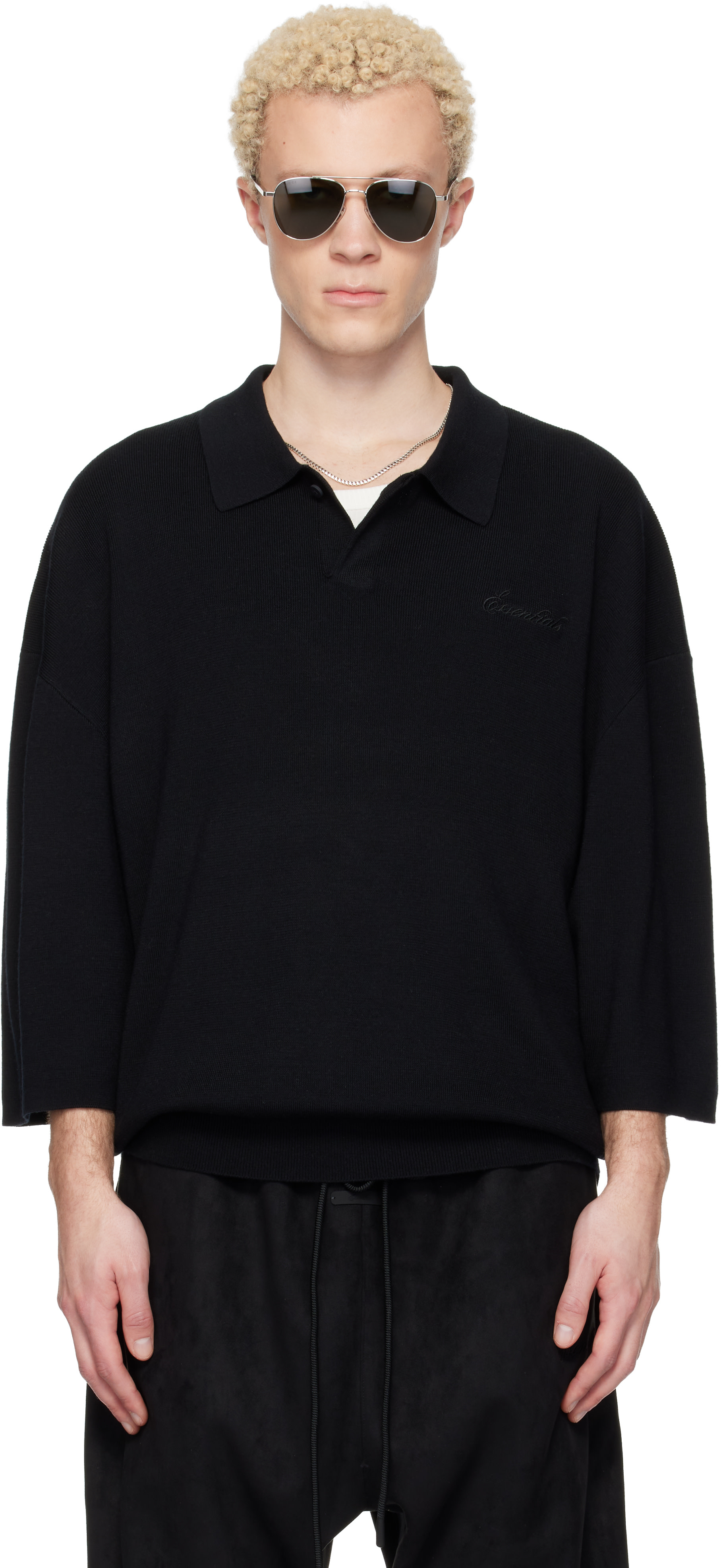 Fear of God ESSENTIALS: Black Signature 3/4 Sleeve 90s Knit Polo
