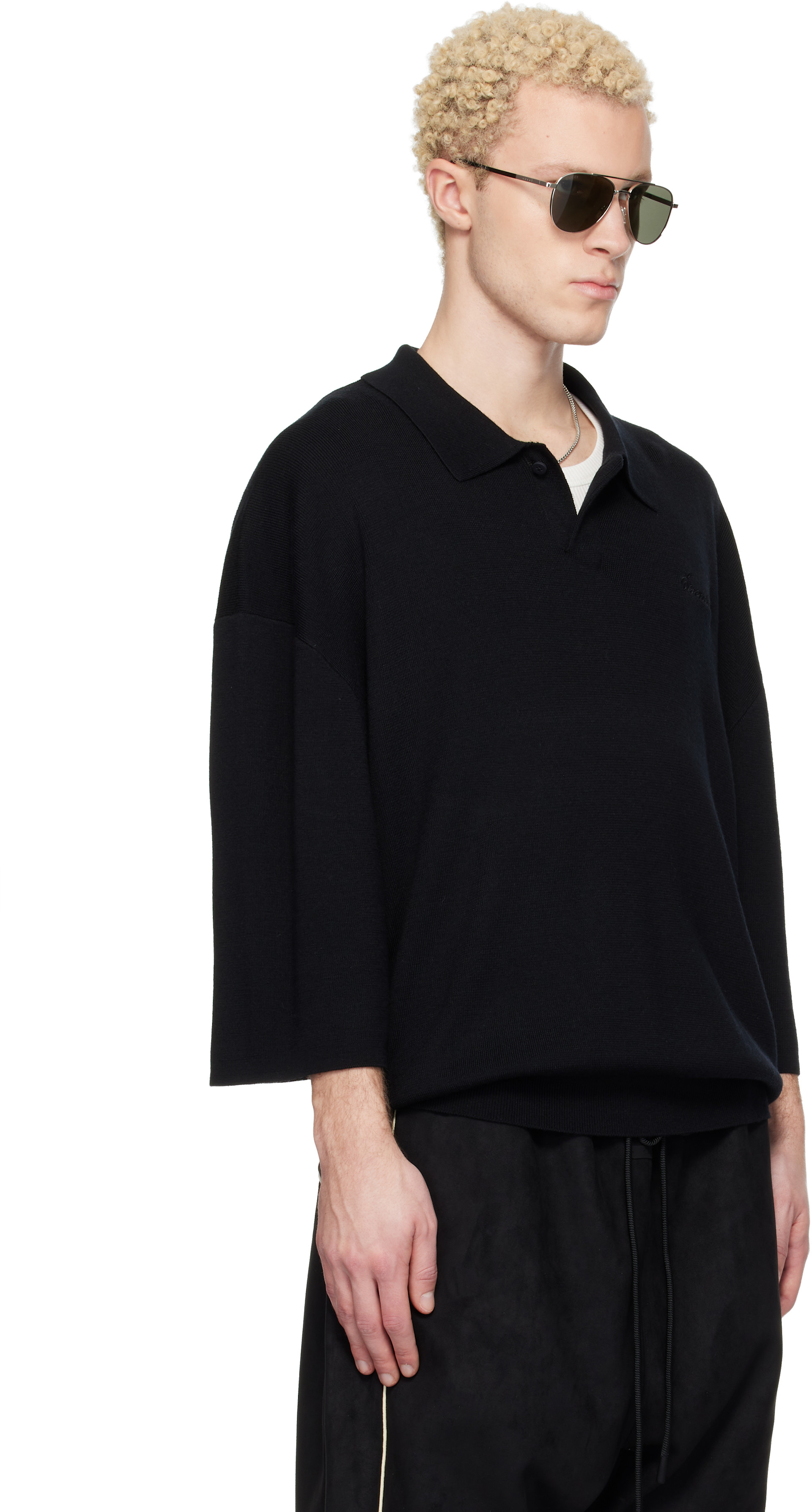 ＜SEEALL＞ ESSENTIAL POLO SHIRT /ニットポロシャツ Fear of God ESSENTIALS: ブラック Signature 3/4 Sleeve 90s ニット