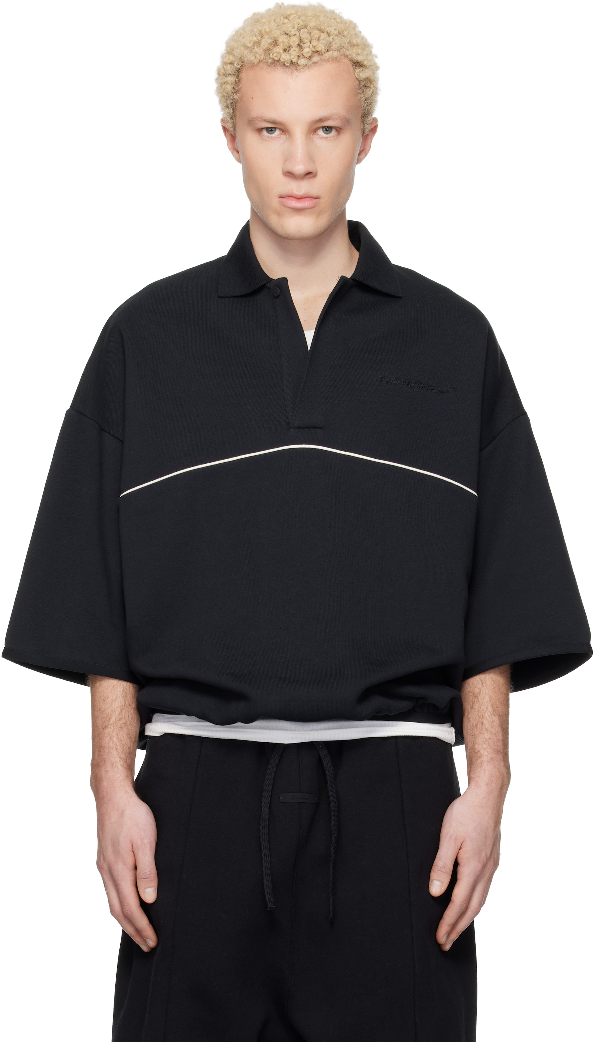 Fear of God ESSENTIALS: Black Active Trace 3/4 Sleeve Modern Polo