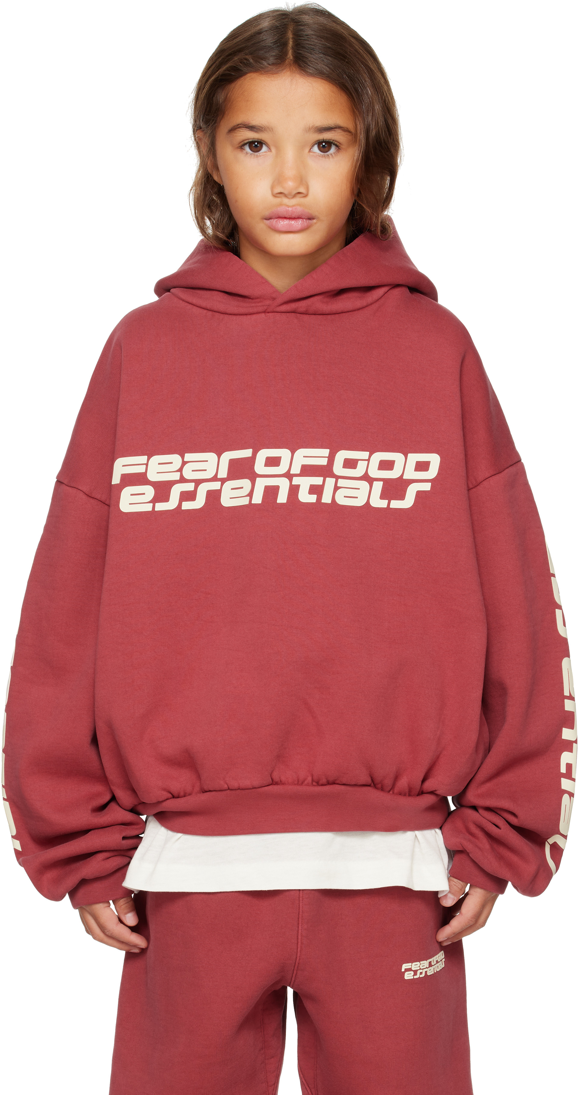 Fear of God ESSENTIALS - Enfant | Pull à capuche rouge à logo gaufré - Holiday