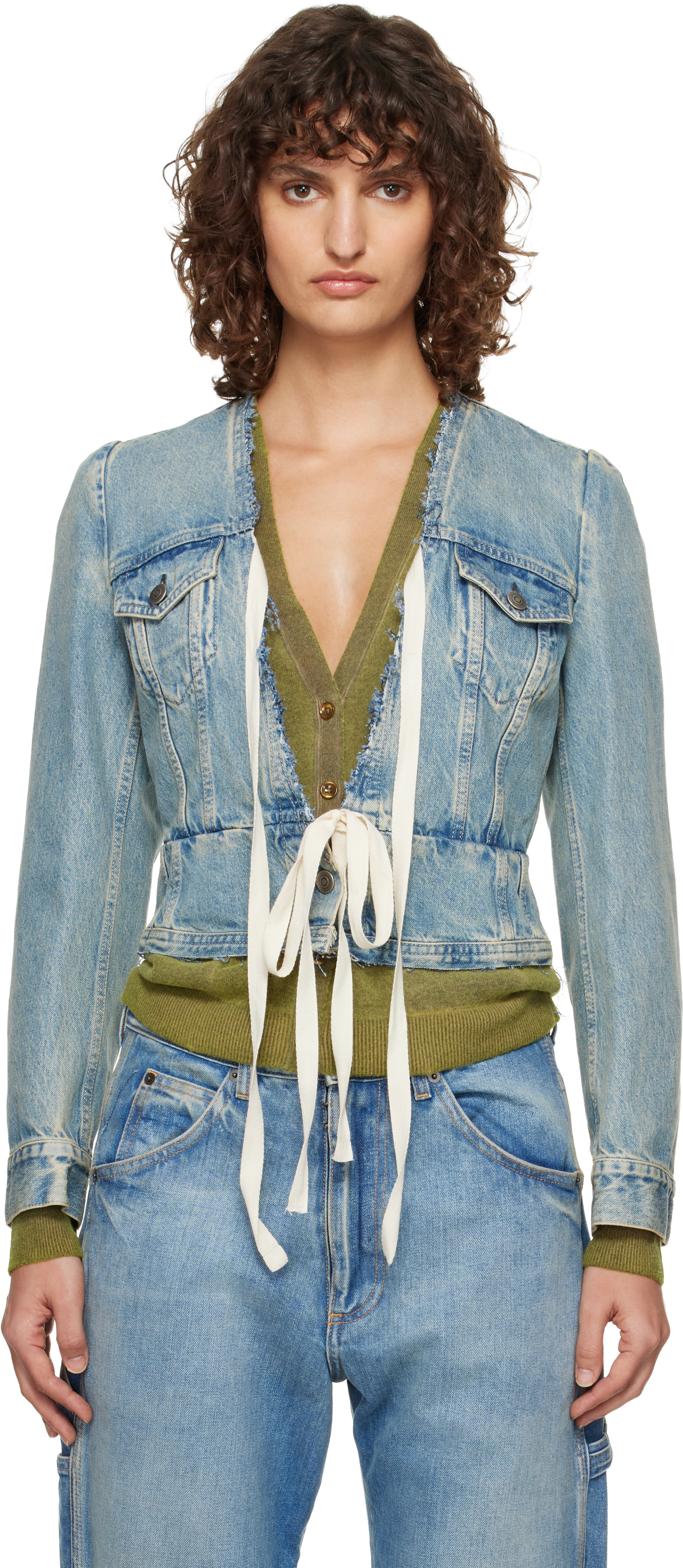 MAISON MARGIELA メゾン マルジェラ DENIM JACKET Maison Margiela: Blue V-Neck Denim Jacket | SSENSE