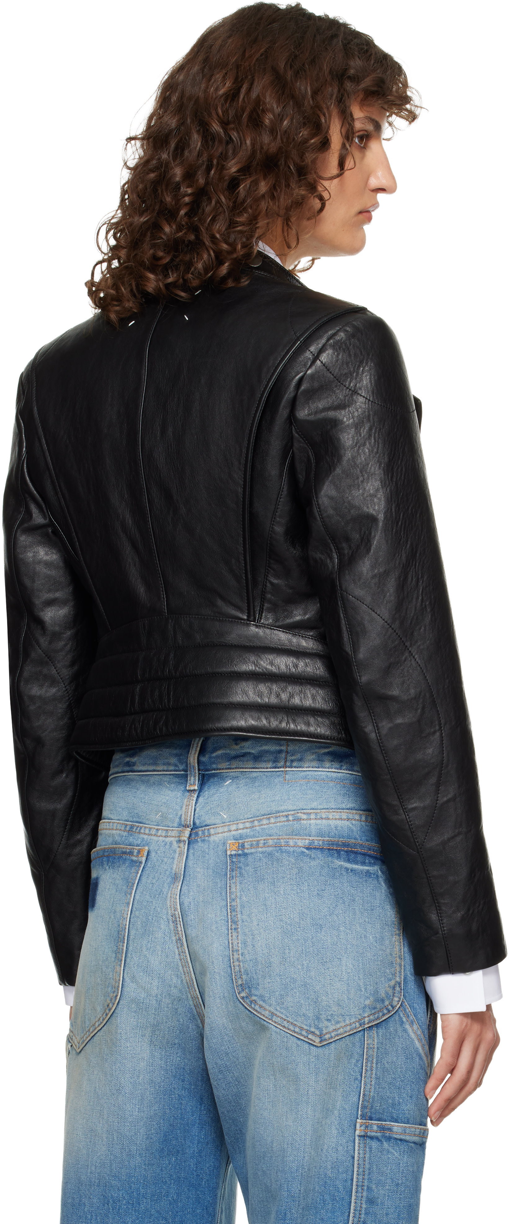 Maison Margiela: Black Folded Collar Leather Jacket | SSENSE Canada
