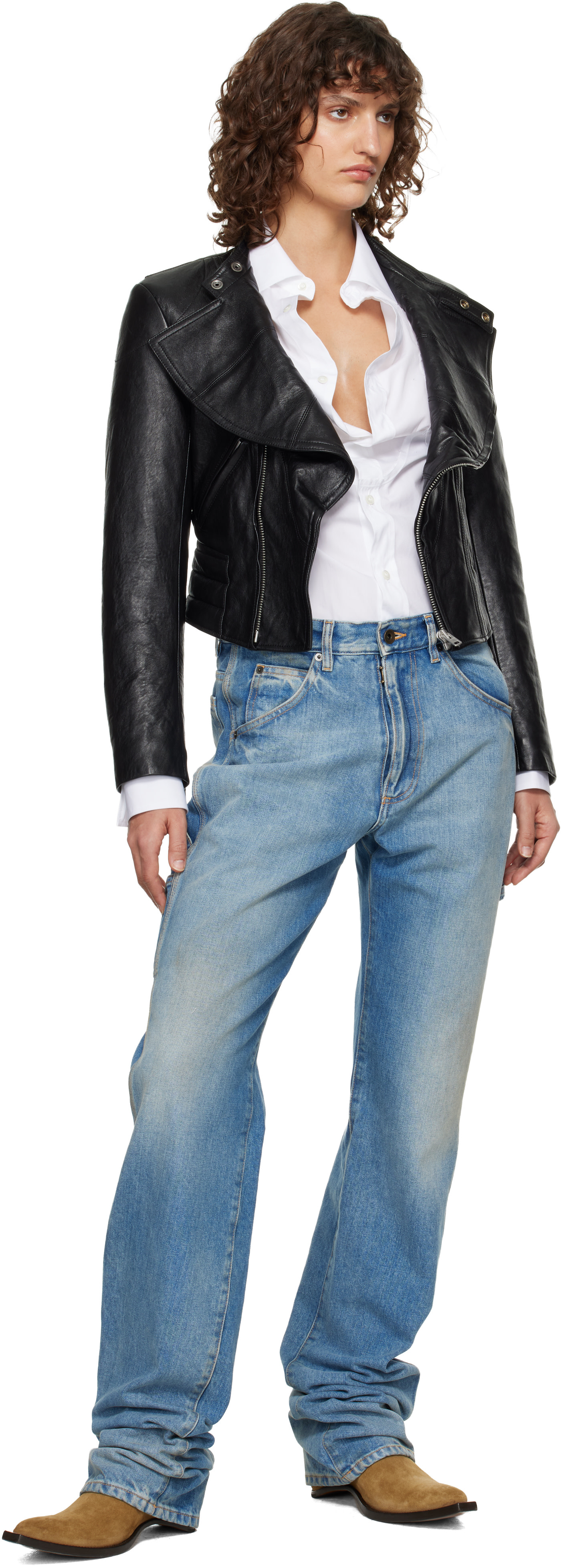 Maison Margiela: Black Folded Collar Leather Jacket | SSENSE Canada