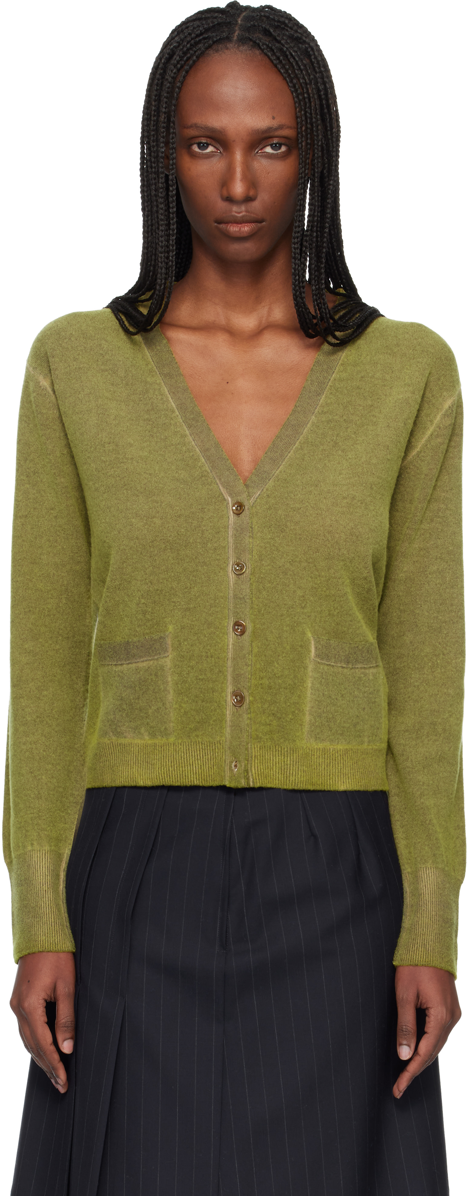 Maison Margiela: Green Virgin Wool V Neck Cardigan | SSENSE