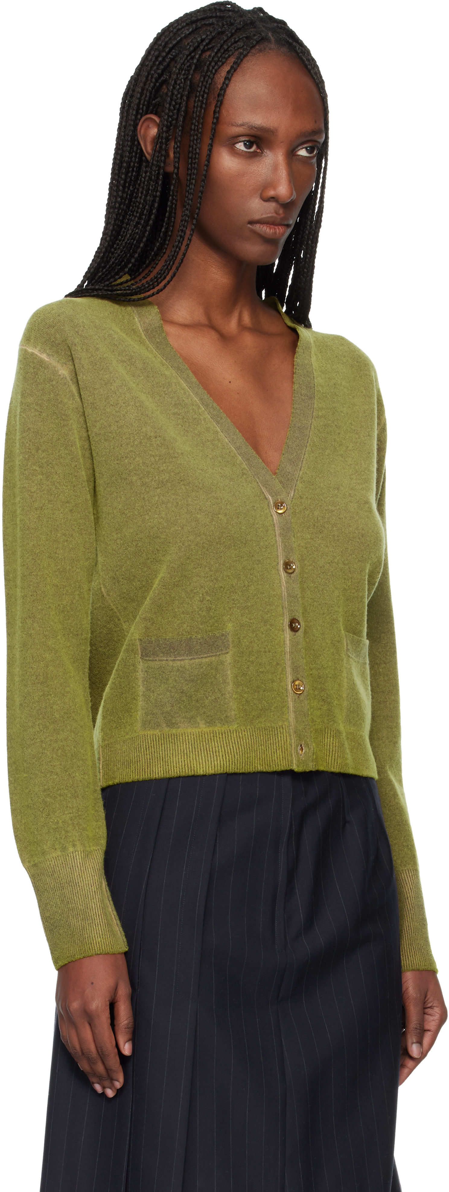 Maison Margiela: Green Virgin Wool V Neck Cardigan | SSENSE