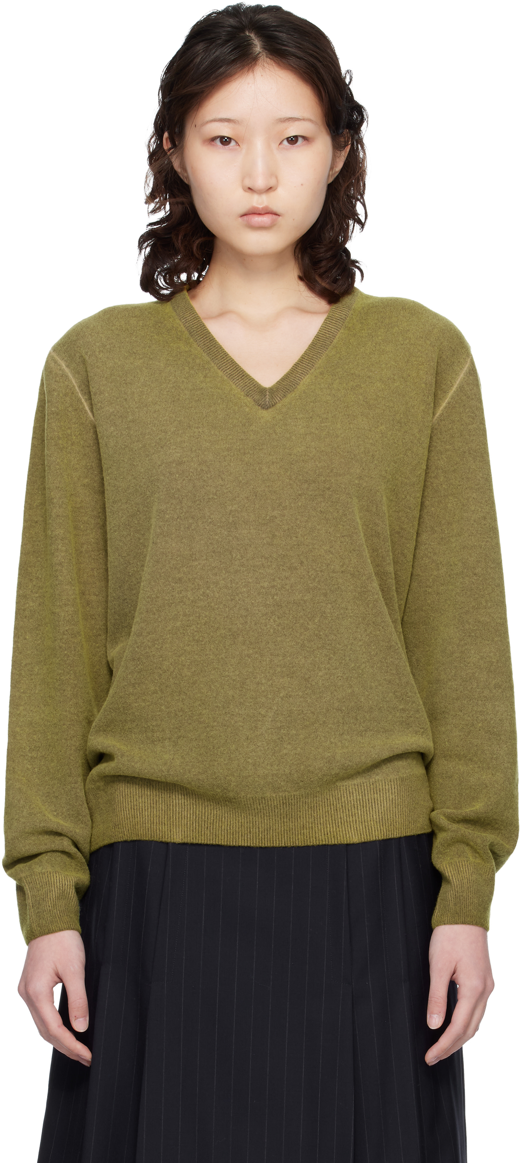 Maison Margiela: Green Virgin Wool V-Neck Sweater | SSENSE